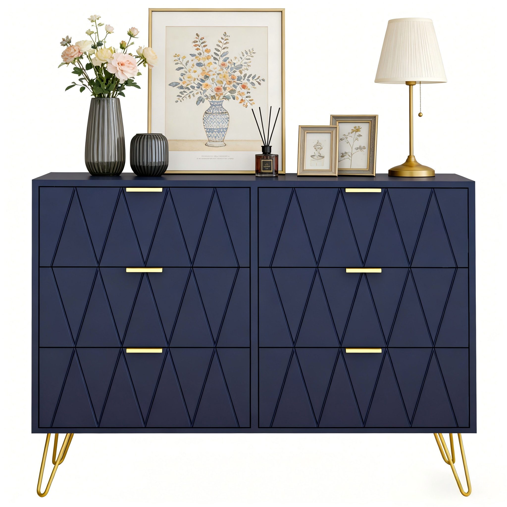 UEV Kommode mit 6 Schubladen, Sideboard für Wohnzimmer Schlafzimmer (Highboard, Sideboard mit Schubladen, Schmal kommode, 100 x 34 x 73 cm Mehrzweckschrank), Küchenschrank Buffet TV Board Schrank mit Füße Aufbewahrungsschrank