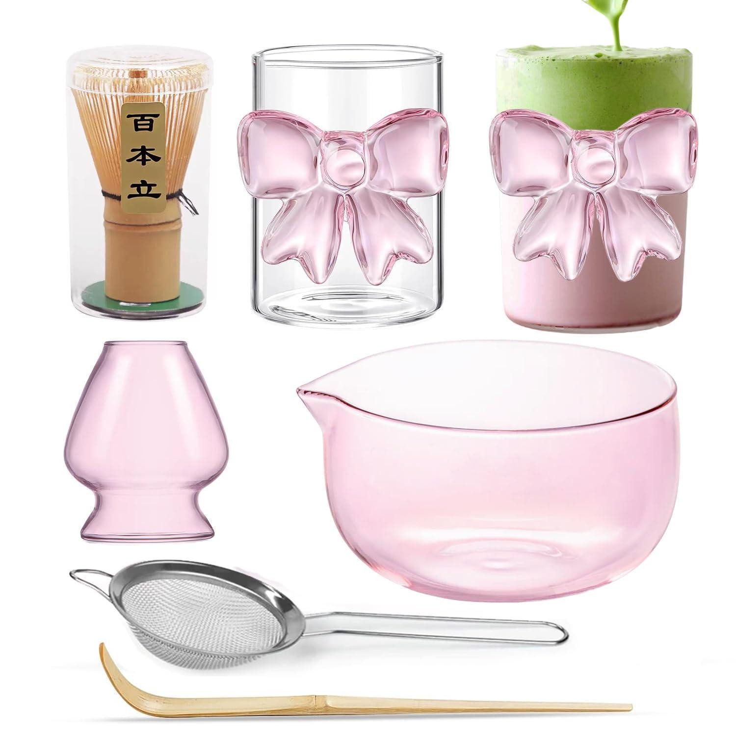LuxusKollektion Schneebesen Matcha Set Rosa Glas mit Bogen Tasse