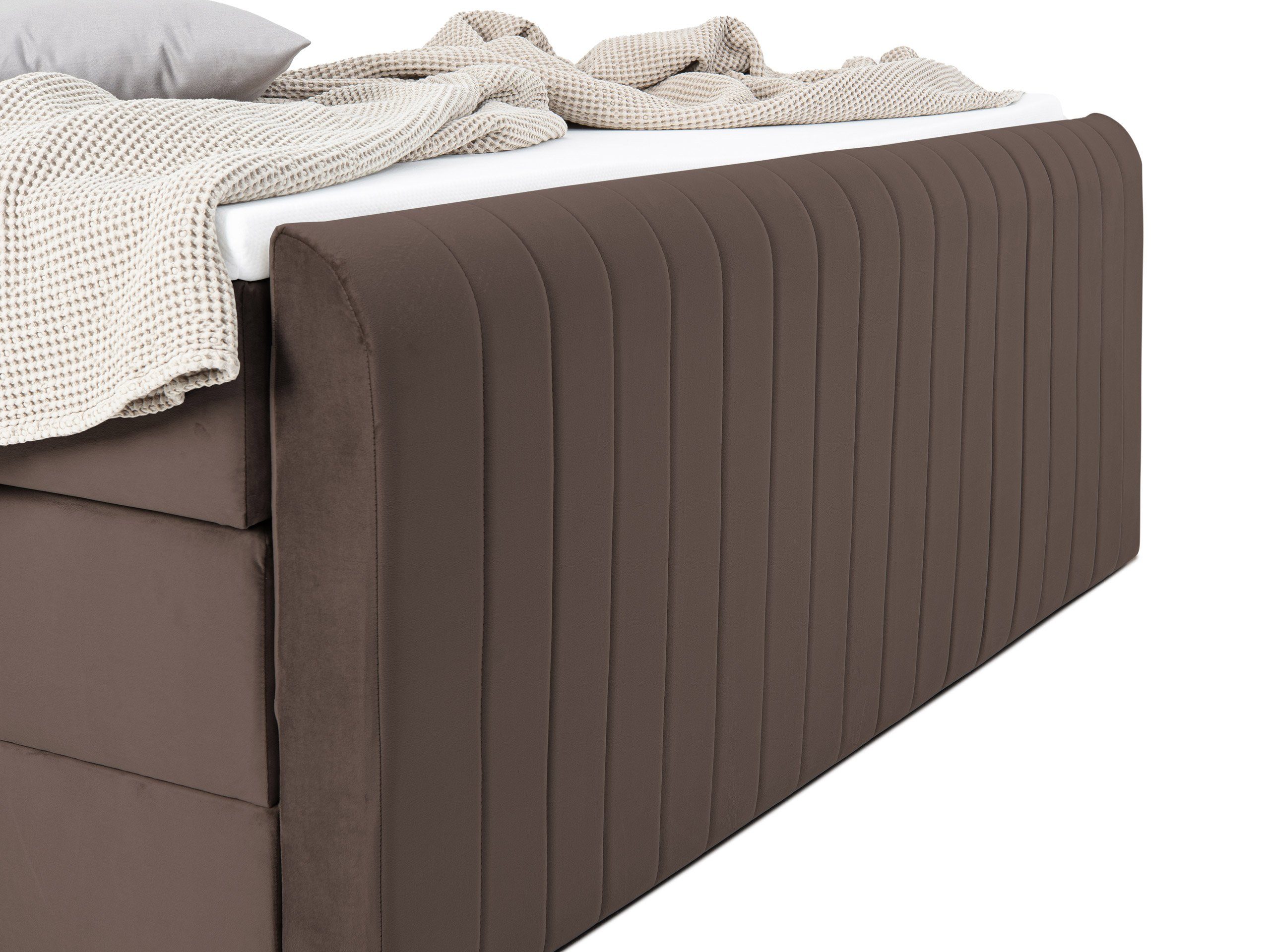 Boxspringbett mit Topper LED-Beleuchtung, braun Bettkasten wonello inklusive und FLY,