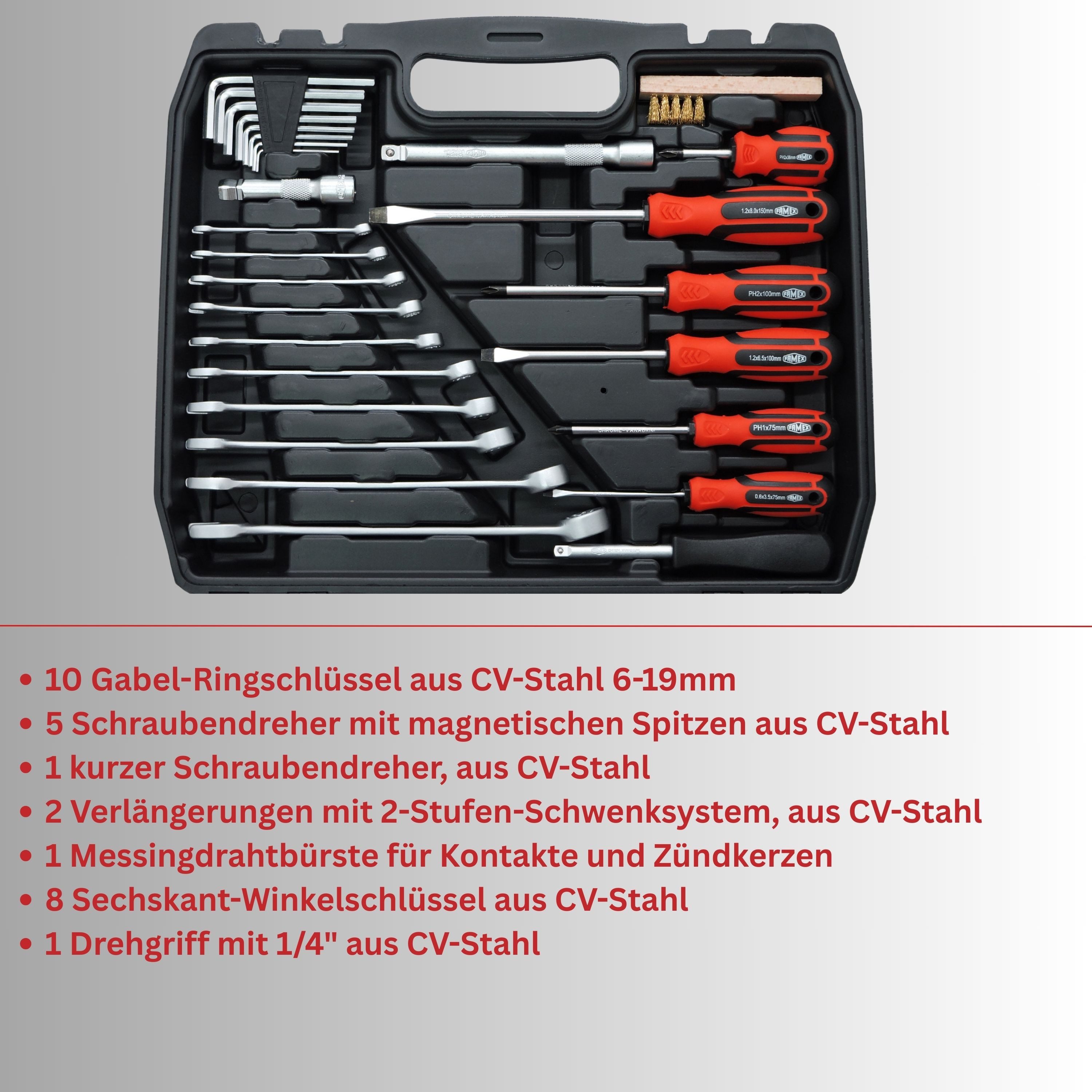 FAMEX Werkzeugset 144-47 Werkzeugkoffer bestückt, (Werkzeugkasten, 89-tlg., Werkzeugkiste), Werkzeug Satz, CV Stahl, Auto