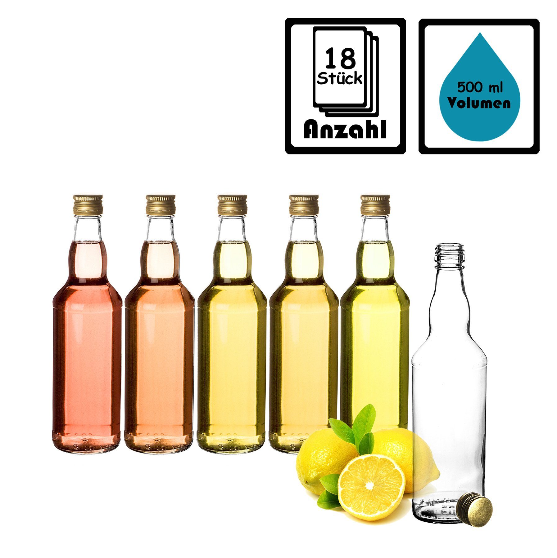 BigDean Trinkflasche Glasflaschen, 18x Glasflaschen 500ml, Schraubverschluss in Gold