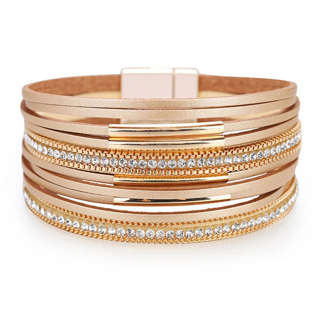 DÖRÖY Lederarmband Mehrschichtiges Damenarmband mit diamantbesetztem Magnetverschluss Gold