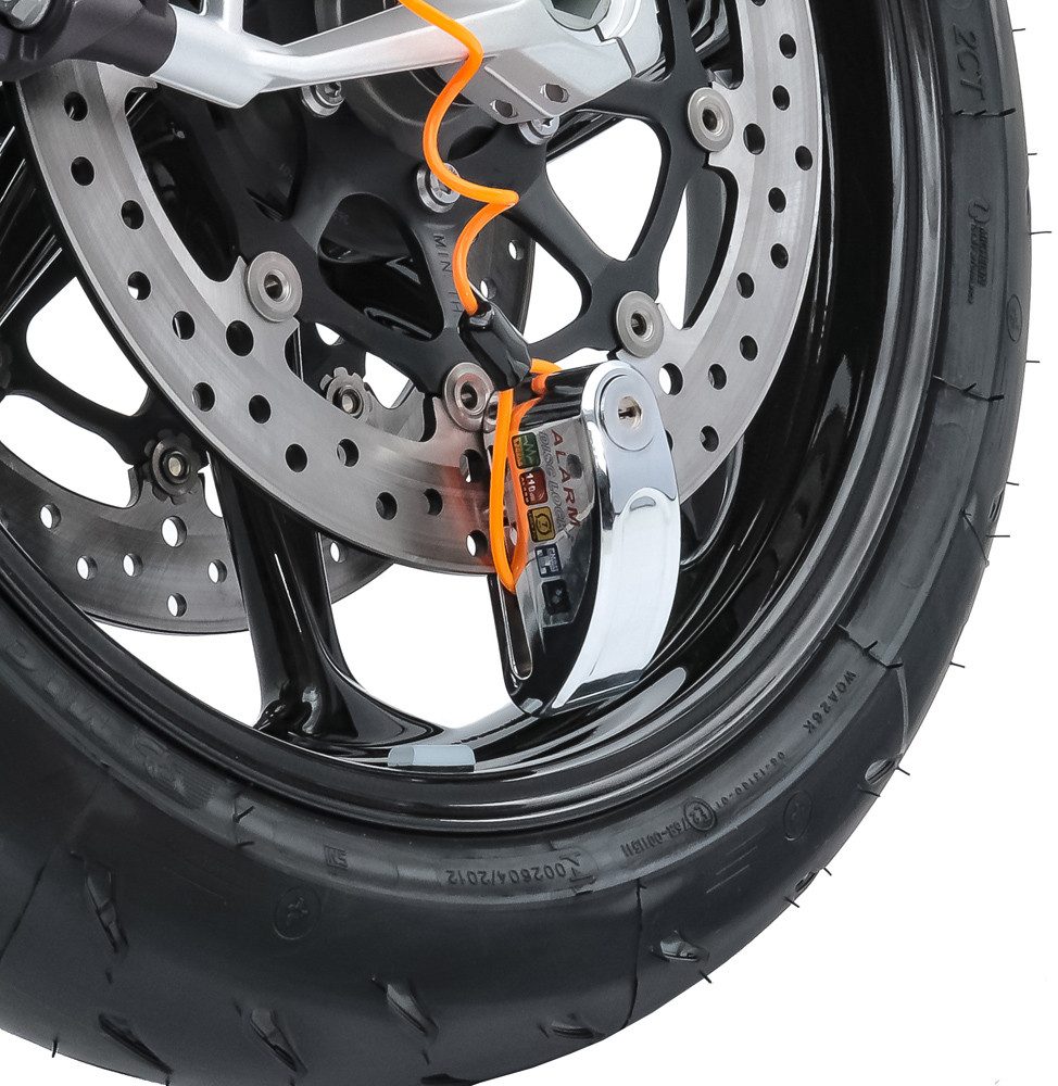 Tourtecs Bremsscheibenschloss Motorrad Bremsscheibenschloss Alarm + Erinnerungskabel # 110dB chrom