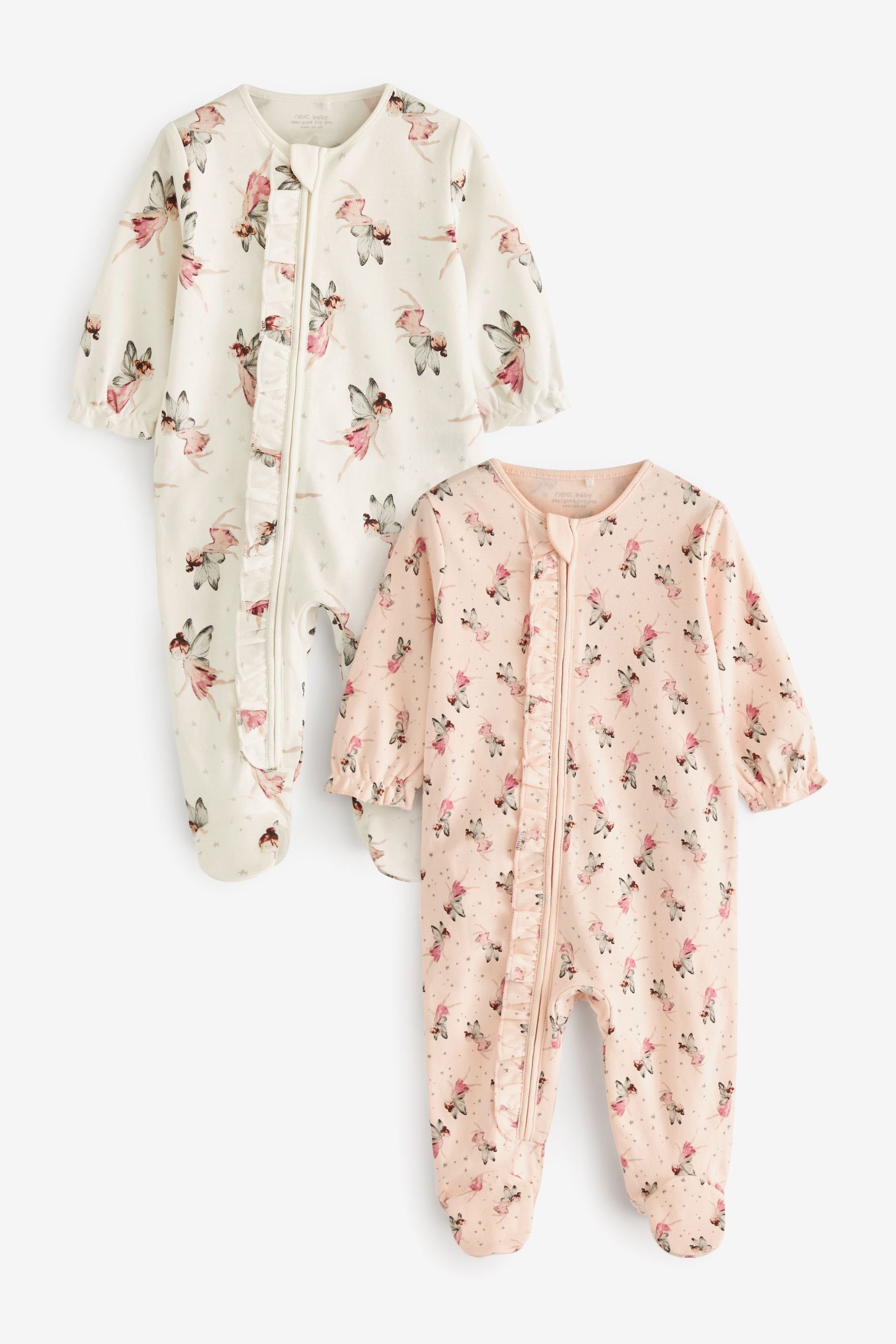 Next Schlafoverall Baby Schlafanzüge mit Reißverschluss im 2er-Pack (2-tlg) Cream/Pink Fairy
