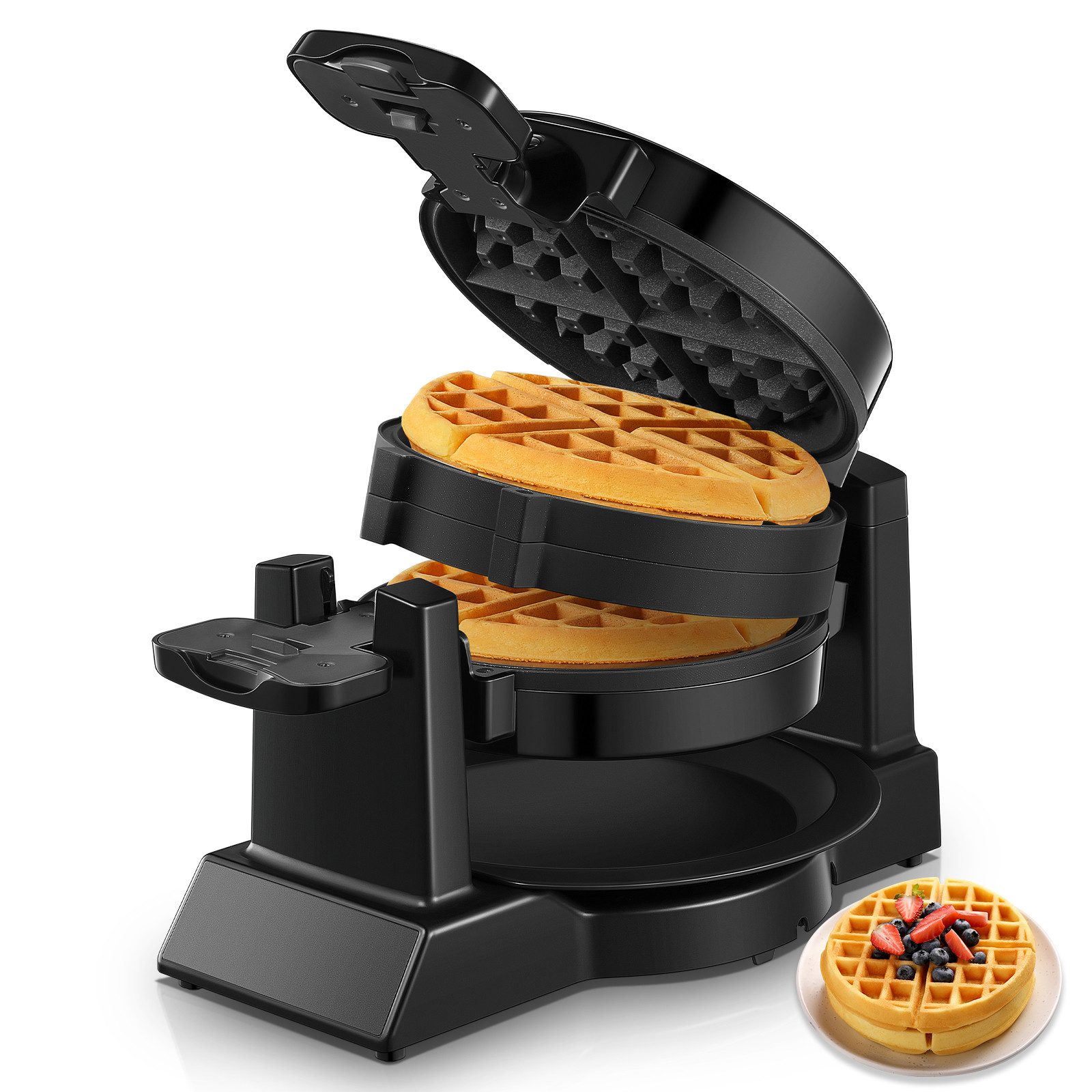 FOHERE Waffeleisen Doppelwaffeleisen für belgische Waffeln, 180°-Wendefunktion, 1400 W, 180°-Wendefunktion, herausnehmbare Fettauffangschale