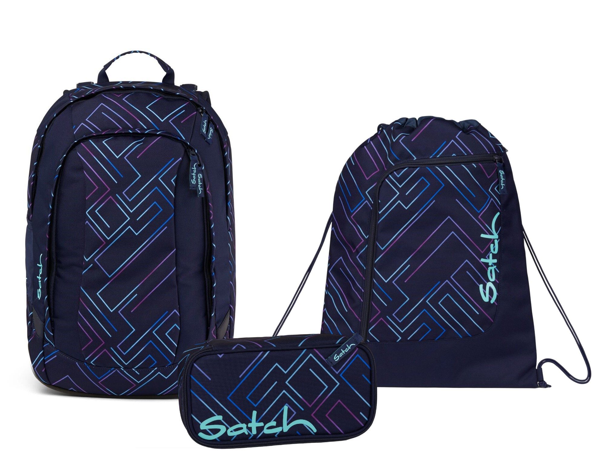 Satch Schulranzen Schulrucksack-Set AIR Purple Laser 3-teilig, Kollektion 23/24 (3-teilig), Laptop-Fach, Your-Size-System, Schulranzen