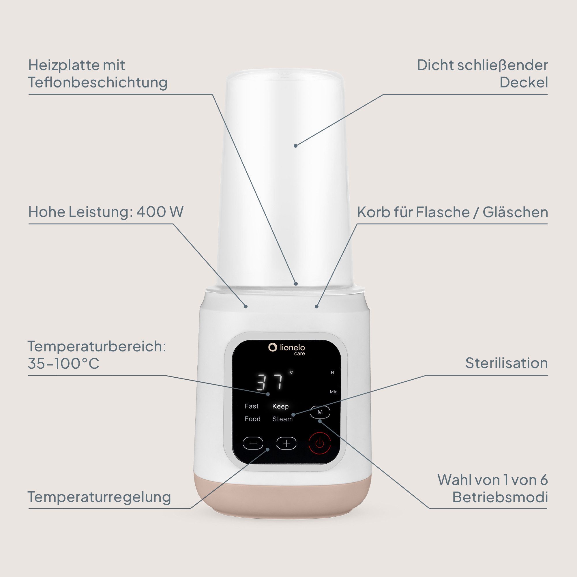 lionelo Babyflaschenwärmer THERMUP 3.0, 400W/6 Modi/Sterilisation 99,9%/35–100°C/24h Warmhalten