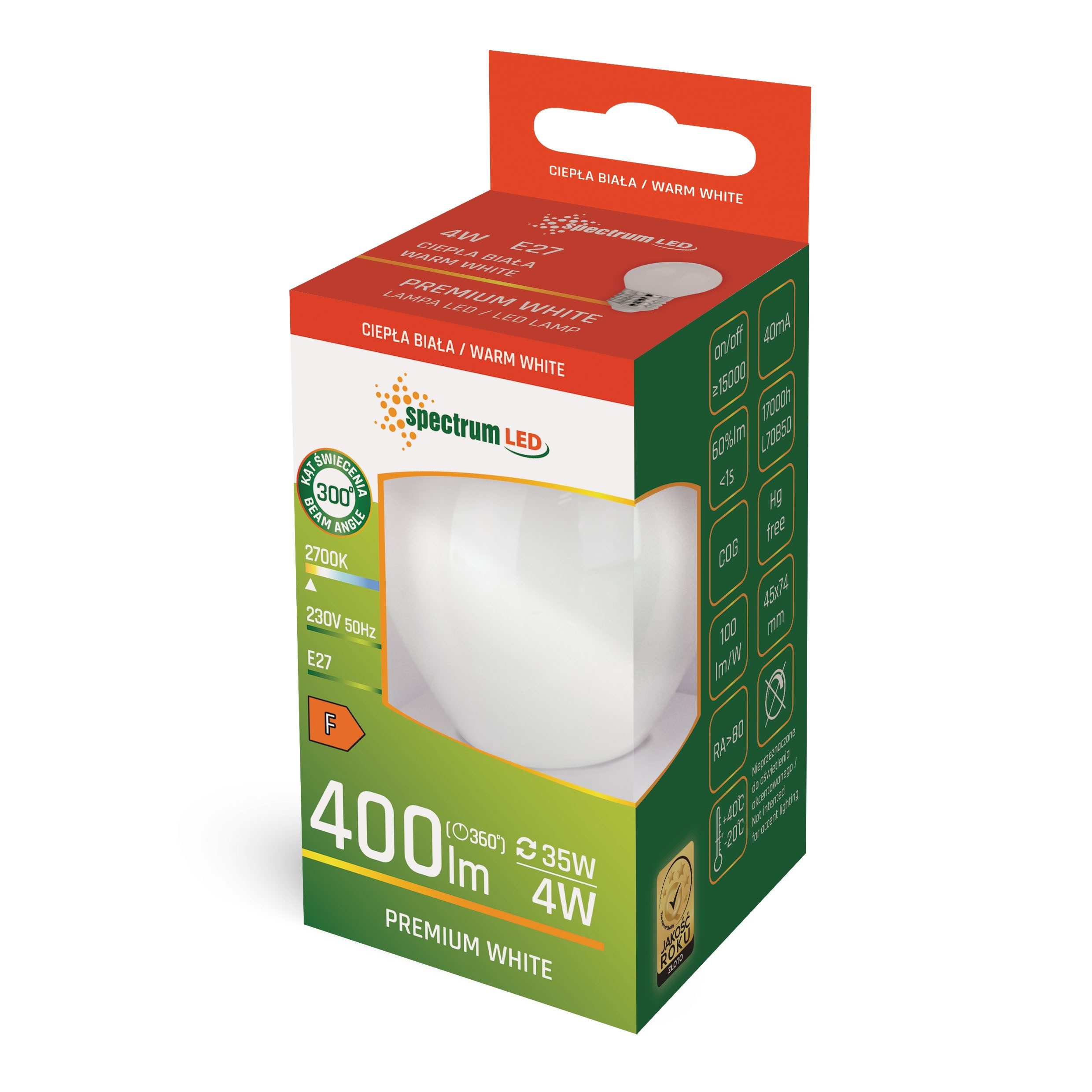 Spectrum LED-Leuchtmittel LED E27 G45 Filament matt 4W = 35W Tropfen 400lm 300° 230V Warm 2700K, E27, Warmweiß, Filament matt