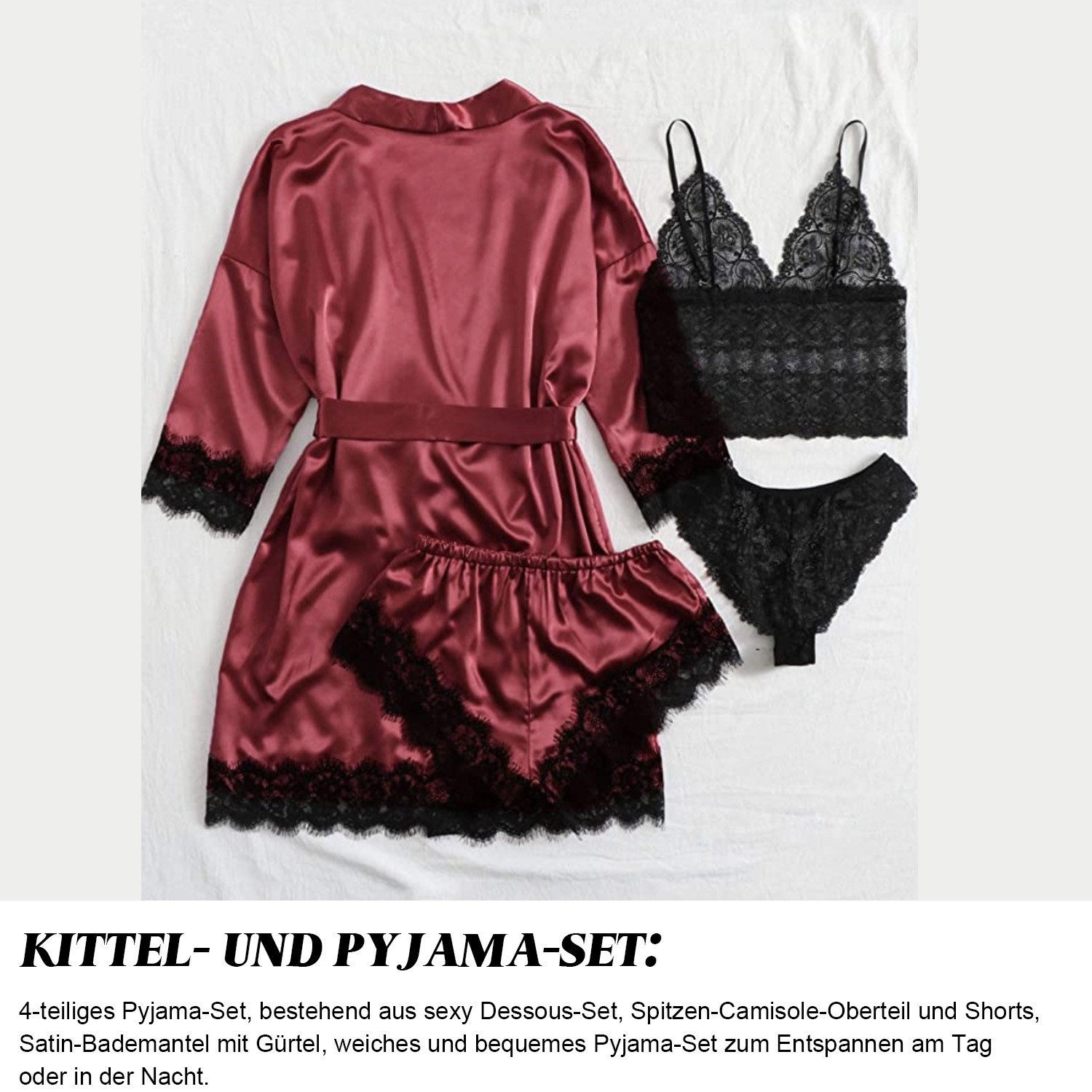 Refttenw Pyjama Damen Pyjama Sexy Satin Spitzen Schlafanzug Set mit Bademantel 4 teiliges Set, mit schönen Spitzendetails
