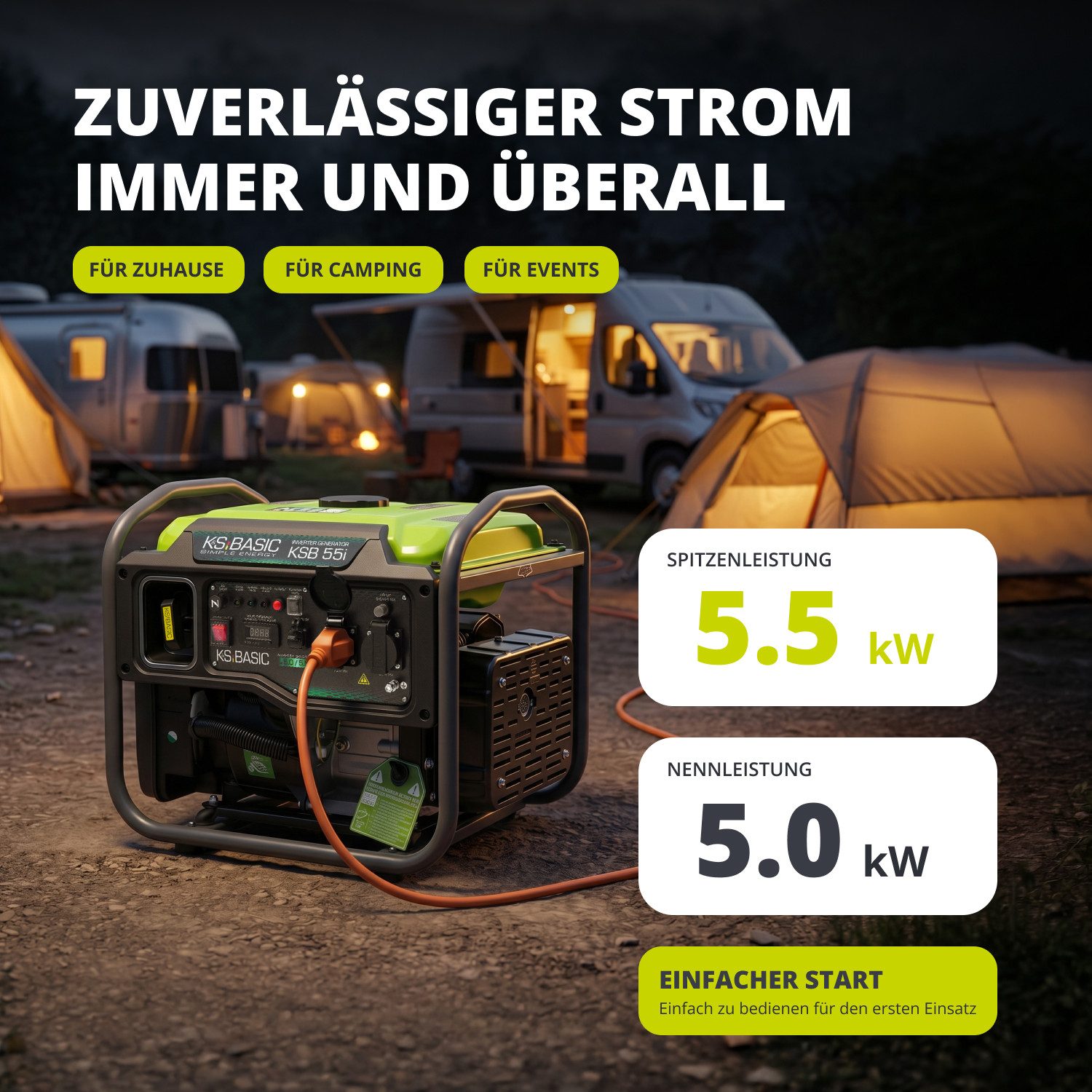 Könner & Söhnen Stromerzeuger KSB 55i, (Benzin-Inverter-Stromerzeuger, 1-tlg., mit reiner Sinuswelle, Eco-Modus, LED-Display und USB-Anschlüssen), 5000 W Nennleistung, bürstenloser Kupfer-Alternator & EURO 5 Motor