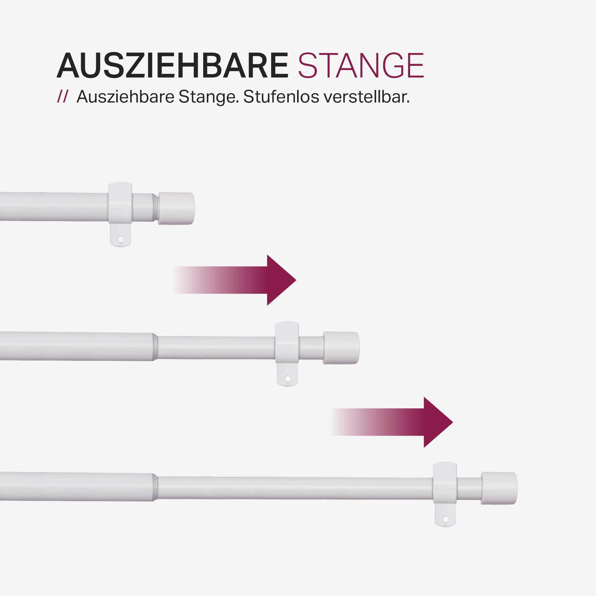 Bestlivings Gardinenstange mit dekorativen Endstücken 120-220 cm, Ø 16 mm, 1-läufig, ausziehbar, Wandträger, verschraubt, Metall, inkl. Ringe mit Faltlegehaken und Befestigungsmaterial
