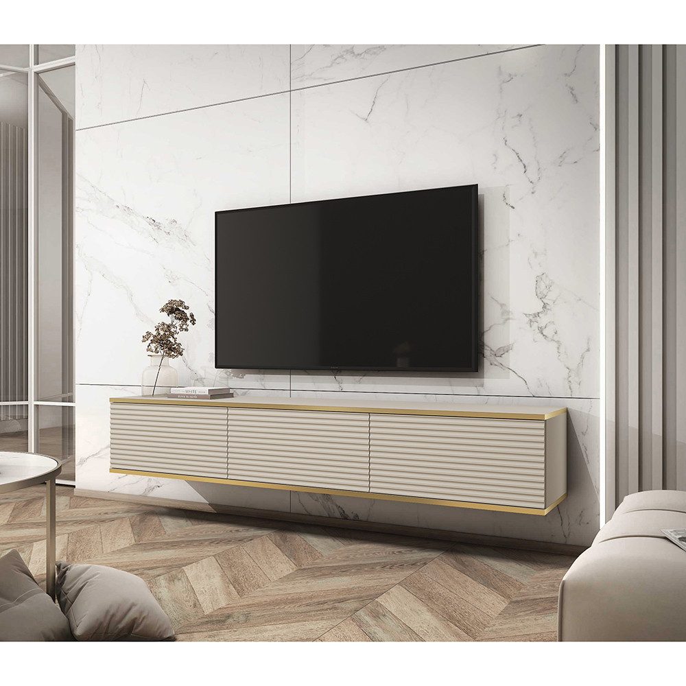 Lomadox Lowboard OLOVO-160, Beige, Rillenfront, goldfarbene Akzente, 175 cm Breit, grifflos