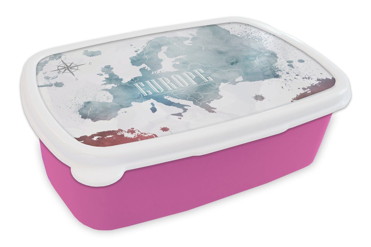 MuchoWow Lunchbox Karte - Europa - Ölfarbe, Kunststoff, (2-tlg), Brotbox für Erwachsene, Brotdose Kinder, Snackbox, Mädchen, Kunststoff rosa
