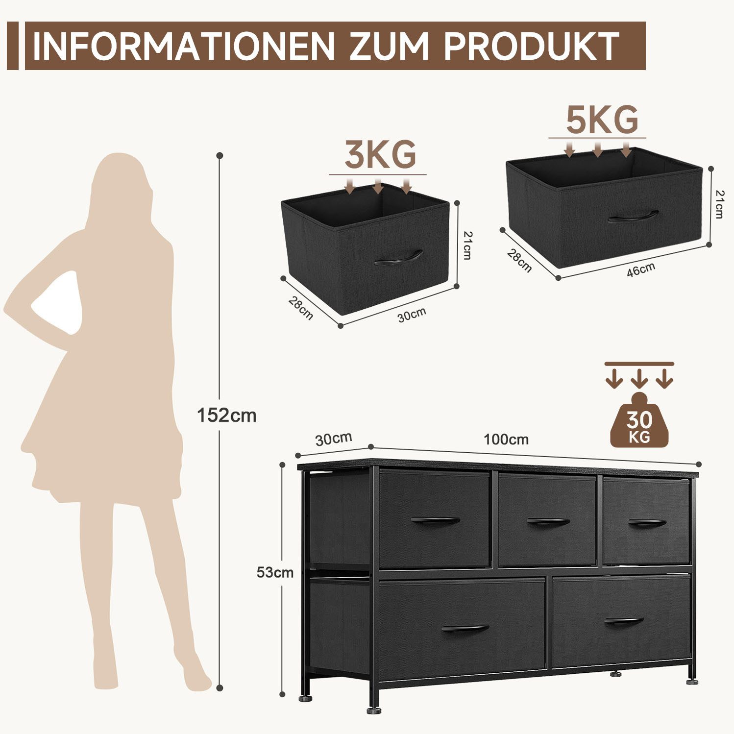 Refined Living Kommode Schubkastenkommode mit 5 Schubladen Stoffkommode stabilem Stahlrahmen (Sideboards mit Holzplatte und leicht zu ziehendem Griff für Schränke, Große Kapazität, Aufbewahrung von Kinder- und Erwachsenenkleidung), wasserdicht Geeignet für Wohnzimmer, Kinderzimmer, Flur, Schlafzimmer