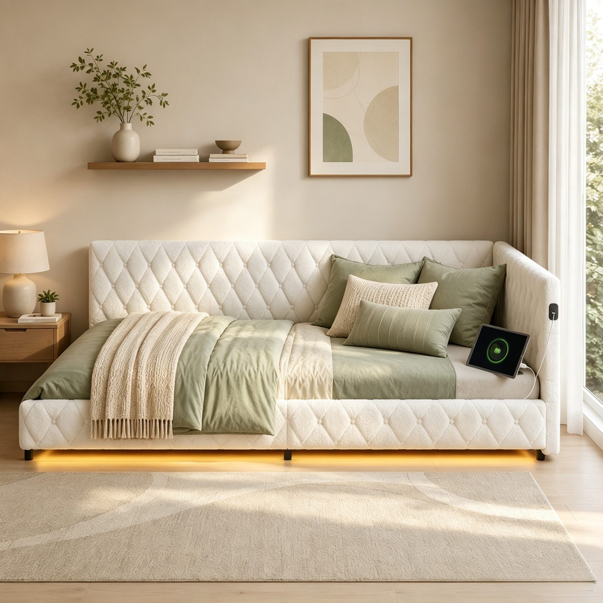 Simurq Polsterbett Daybett mit LED-Beleuchtung & USB, Tagesbett Jugendbett (Packung, 1-tlg., Teddysamt, in 2 Größen verfügbar), Schlafsofa Sofabett Doppelbett – Bild 3 von 5