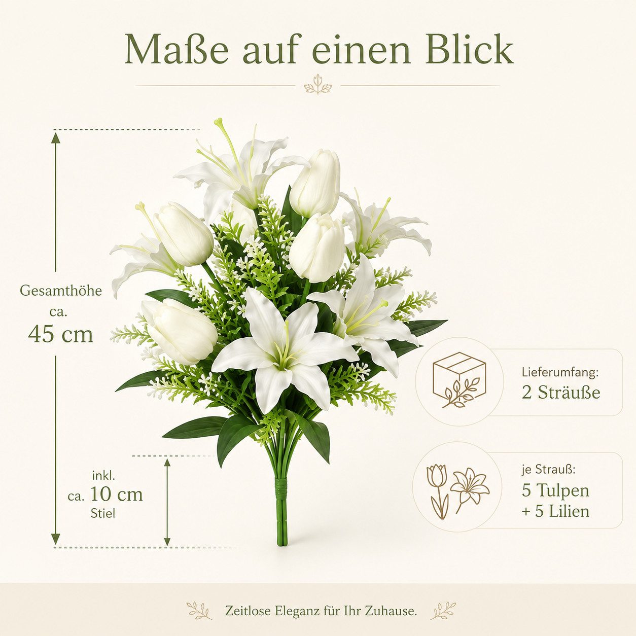 Kunstblumenstrauß Kunstblumen Strauß Weiß 2er Pack, Künstliche Lilien & Tulpen 45 cm Dekoblumen Blumenstrauß mit grünen Blättern, Fyrove, pflegeleichte Tischdek – Bild 4 von 5