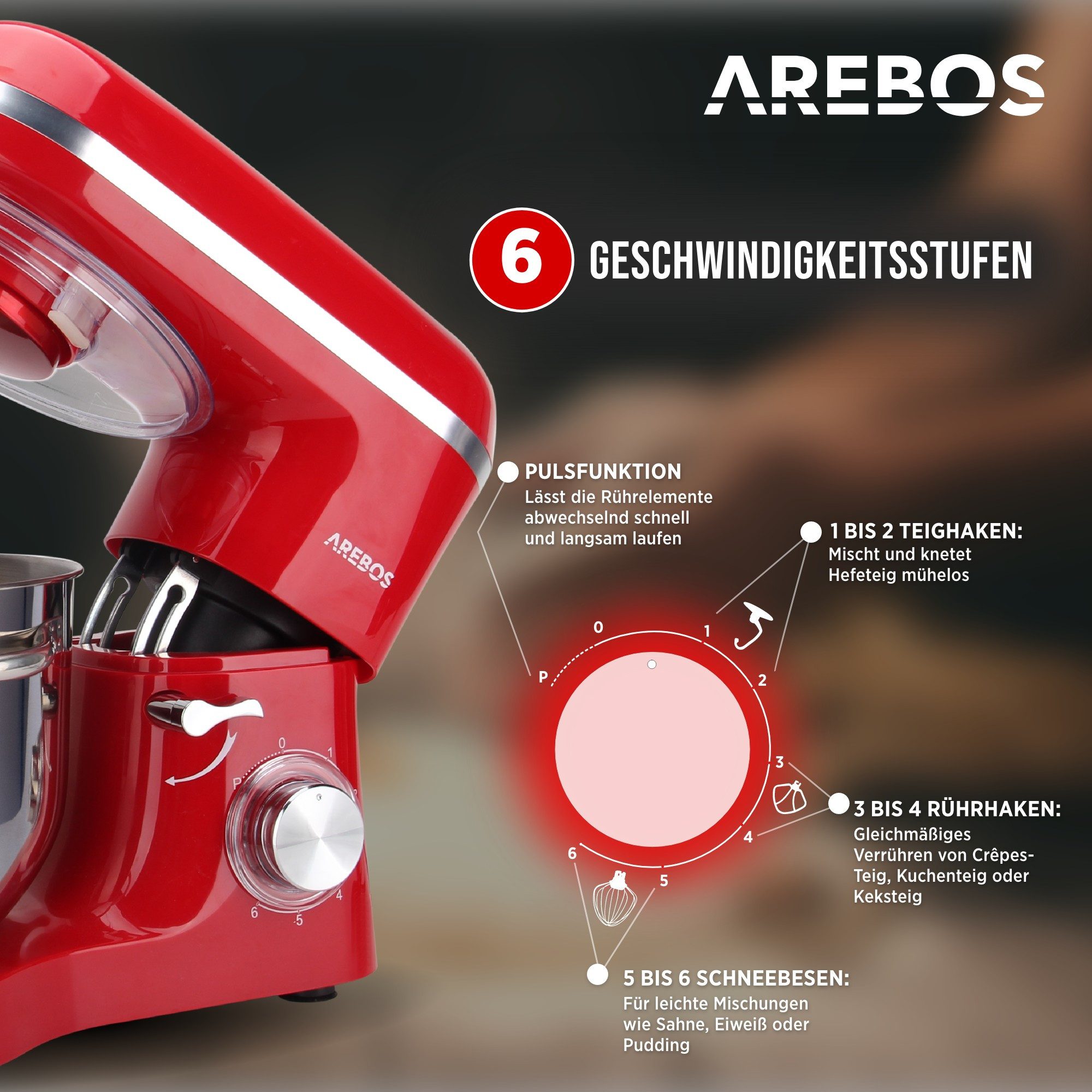 Arebos Küchenmaschine 6L Edelstahl-Rührschüssel, 1500 W, inkl. Rührhaken, Knethaken, Schneebesen, Spritzschutz