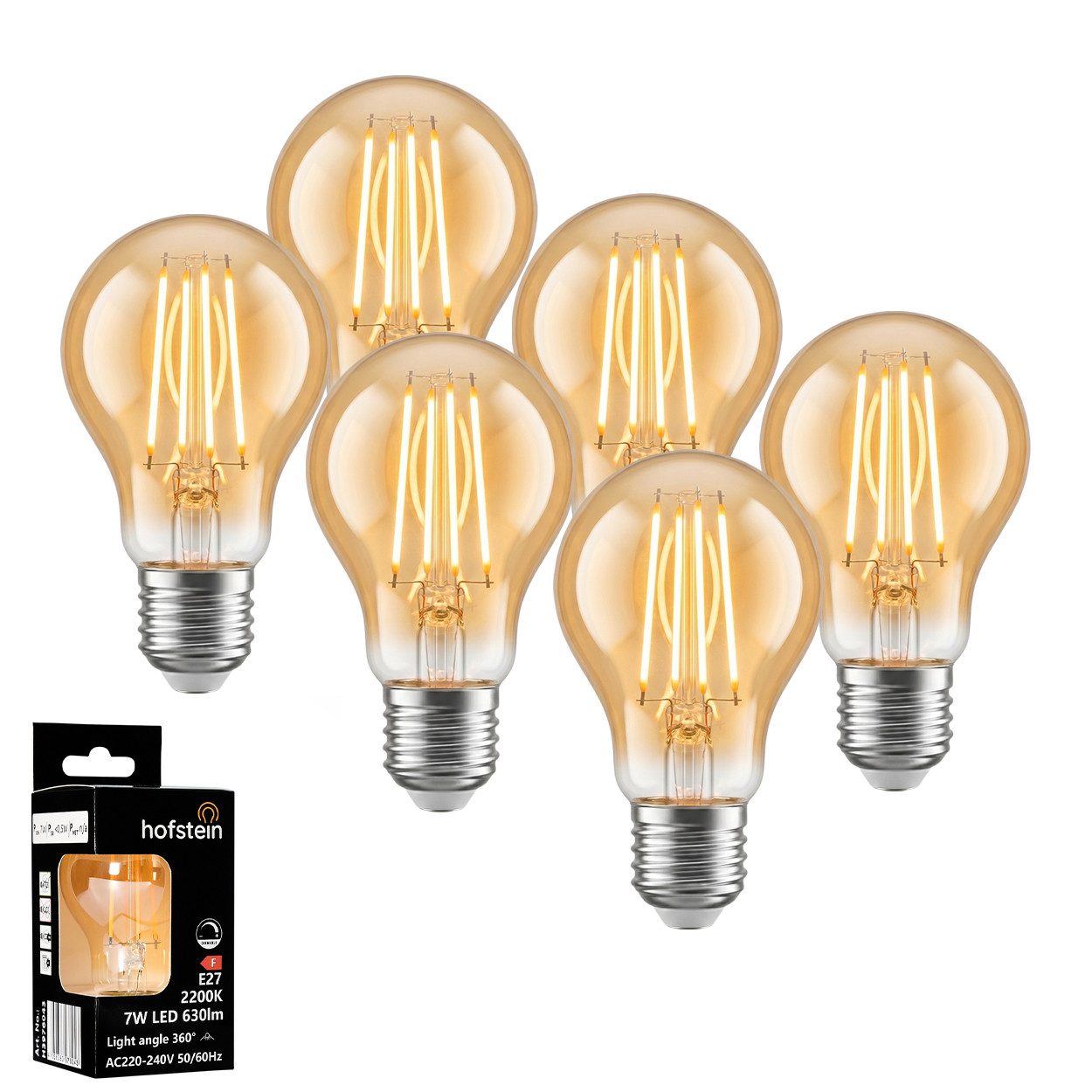 hofstein LED-Leuchtmittel 6er Set Glühbirne Extra Warmweiß dimmbar 7 Watt, E27, 2200 Kelvin, 630 Lumen, Klassisch, Filament, Amber
