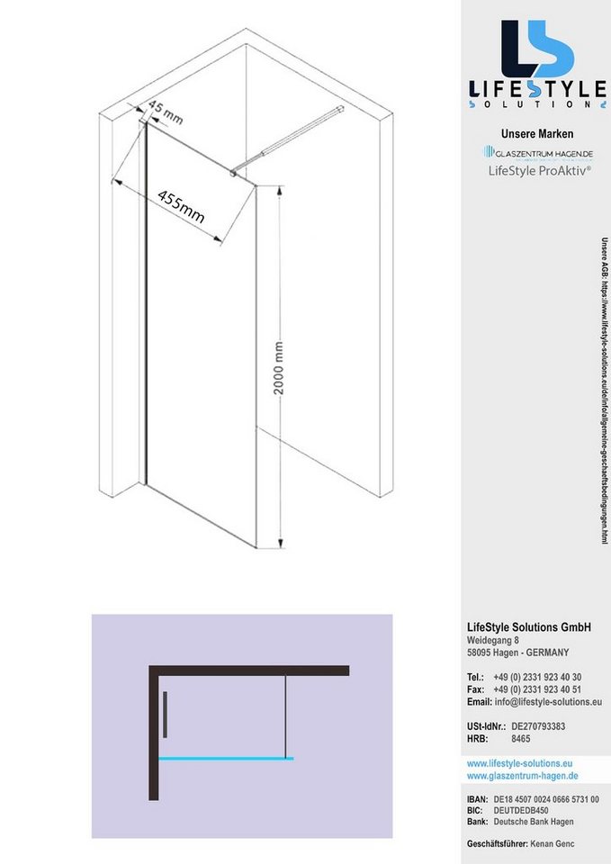Thumbnail - Glaszentrum Hagen Walk-in-Dusche Glaszentrum Hagen - Walk in Duschwand - Duschabtrennung ESG Glas 10mm