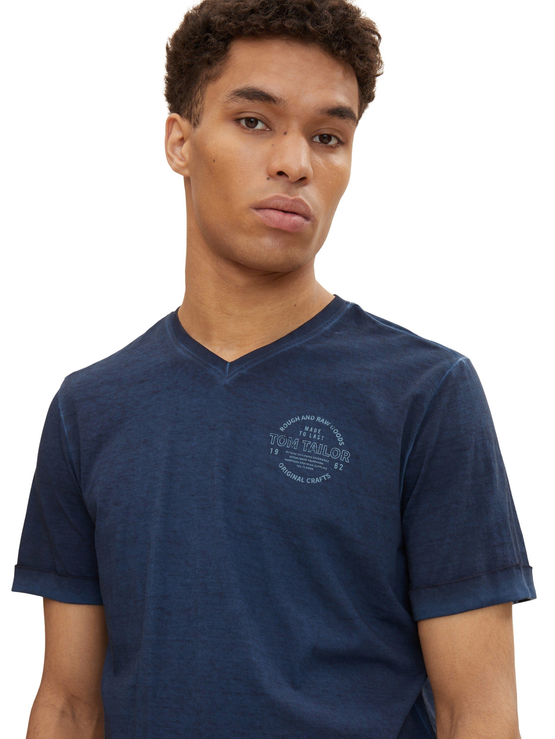 TOM blau und Shirt Logo TAILOR Print mit T-Shirt V-Ausschnitt T-Shirt