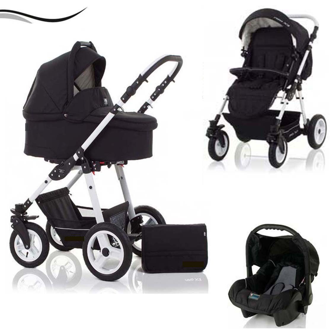 babies-on-wheels Kombi-Kinderwagen City Star 3 in 1 inkl. Autositz - 16 Teile - von Geburt bis 4 Jahre in 16 Farben Schwarz