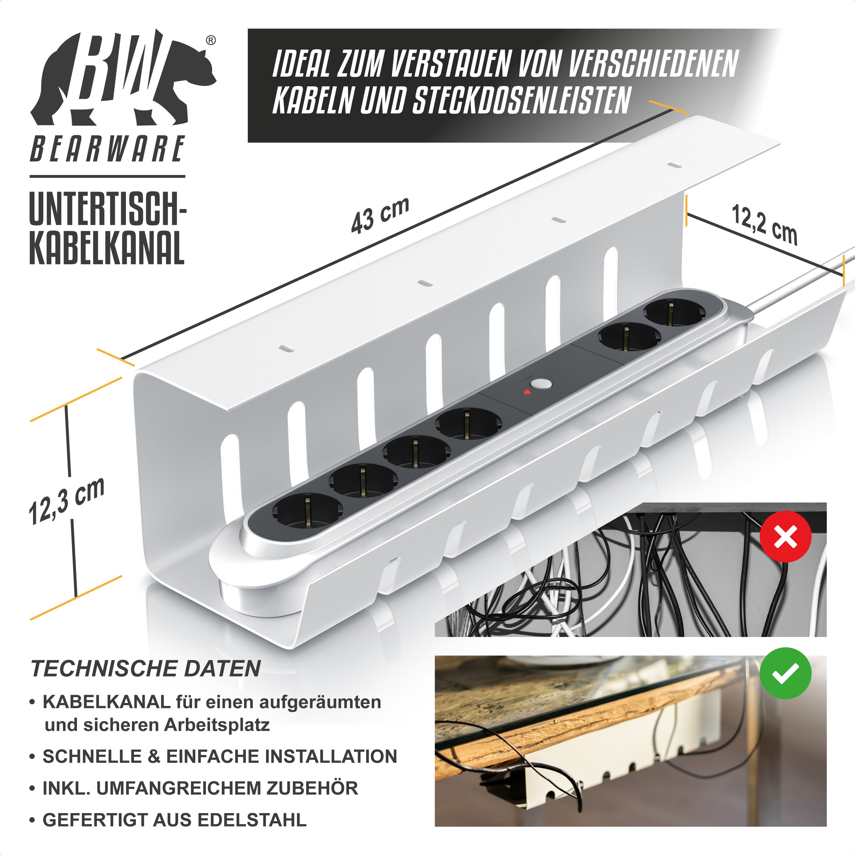 BEARWARE Kabelkanal für Schreibtisch, Untertisch Kabelhalter, Kabelmanagement ohne Bohren (Set), Edelstahl Kabelführung für Zuhause, Büro & Office, Kabelorganisation