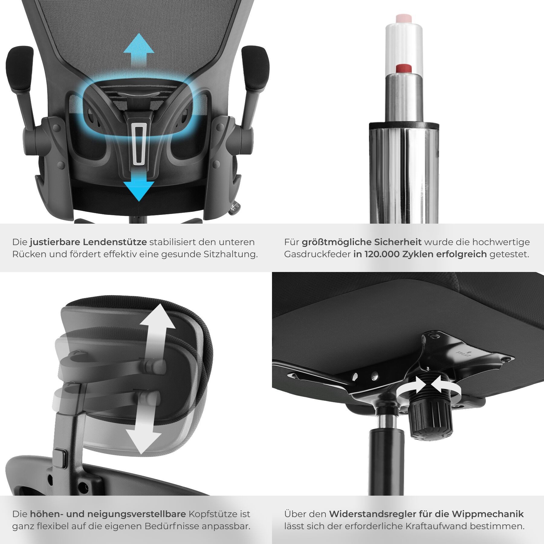 tectake Drehstuhl Ergonomischer Bürostuhl mit Kopfstütze und Lordosenstütze (Schreibtischstuhl Arges, 1 St), Netzbezug, klappbare Armlehnen, Wippfunktion, 150 k – Bild 5 von 5