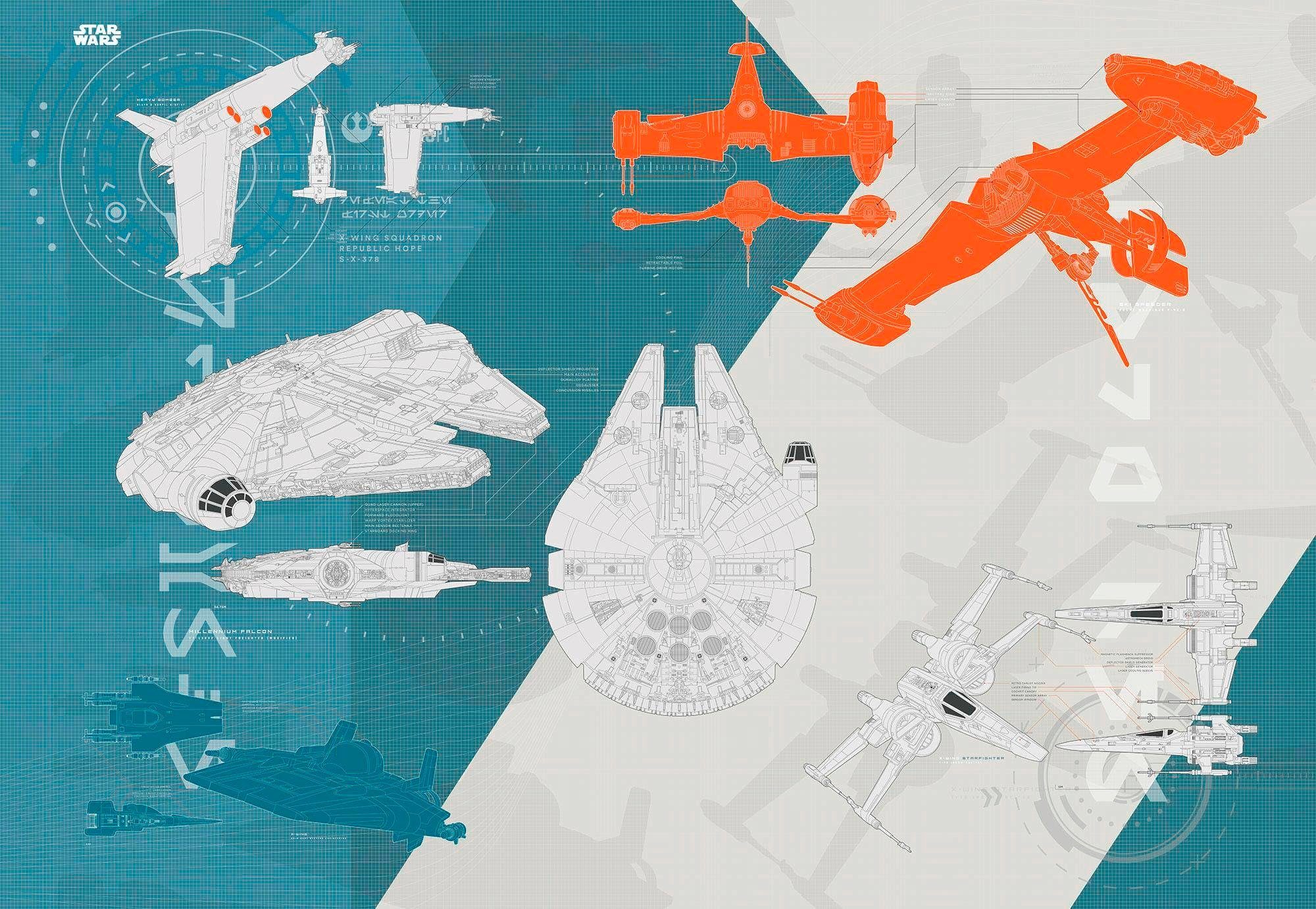 Komar Fototapete STAR WARS Technical Plan - Размер 368 x 254 cm, glatt, bedruckt, Kinderzimmer