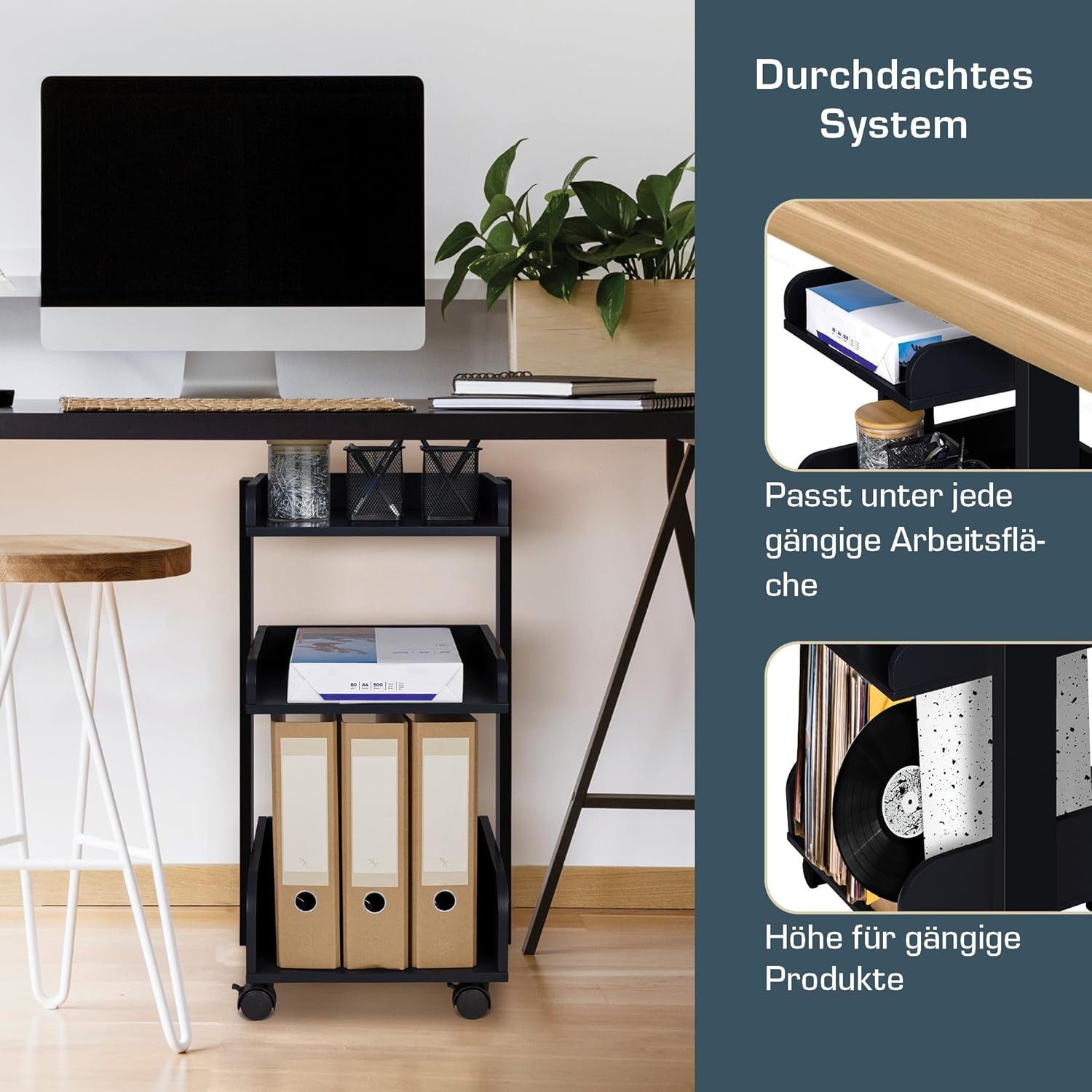 bomoe Rollwagen Aufbewahrungswagen mit Rollen 69 cm hoch Bosse, Schwarz, Holz Rollwagen Badezimmer Büro Küchenwagen Schwarz Servierwagen – Bild 3 von 5