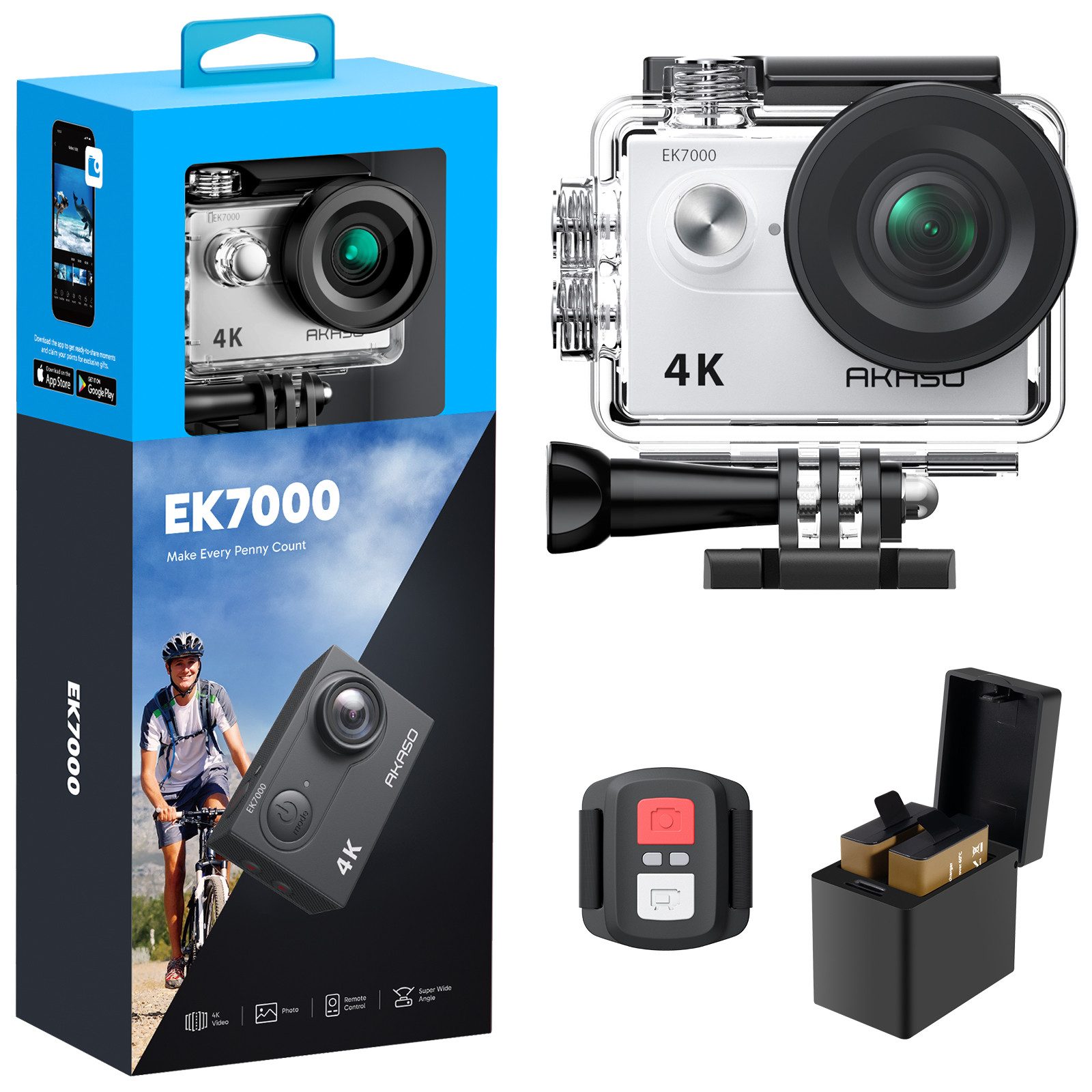Akaso EK7000 Action Cam (4K Ultra HD, WLAN (Wi-Fi), 40M wasserdicht, 170°Ultra Weitwinkelt, Fernbedienung)