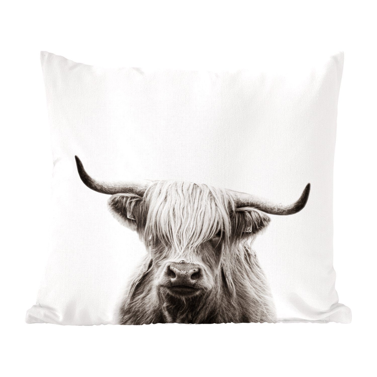 MuchoWow Dekokissen Porträt Schottischer Highlander - Schottische Kuh - Schwarz und weiß, Zierkissen mit Füllung für Wohzimmer, Schlafzimmer, Deko, Sofakissen