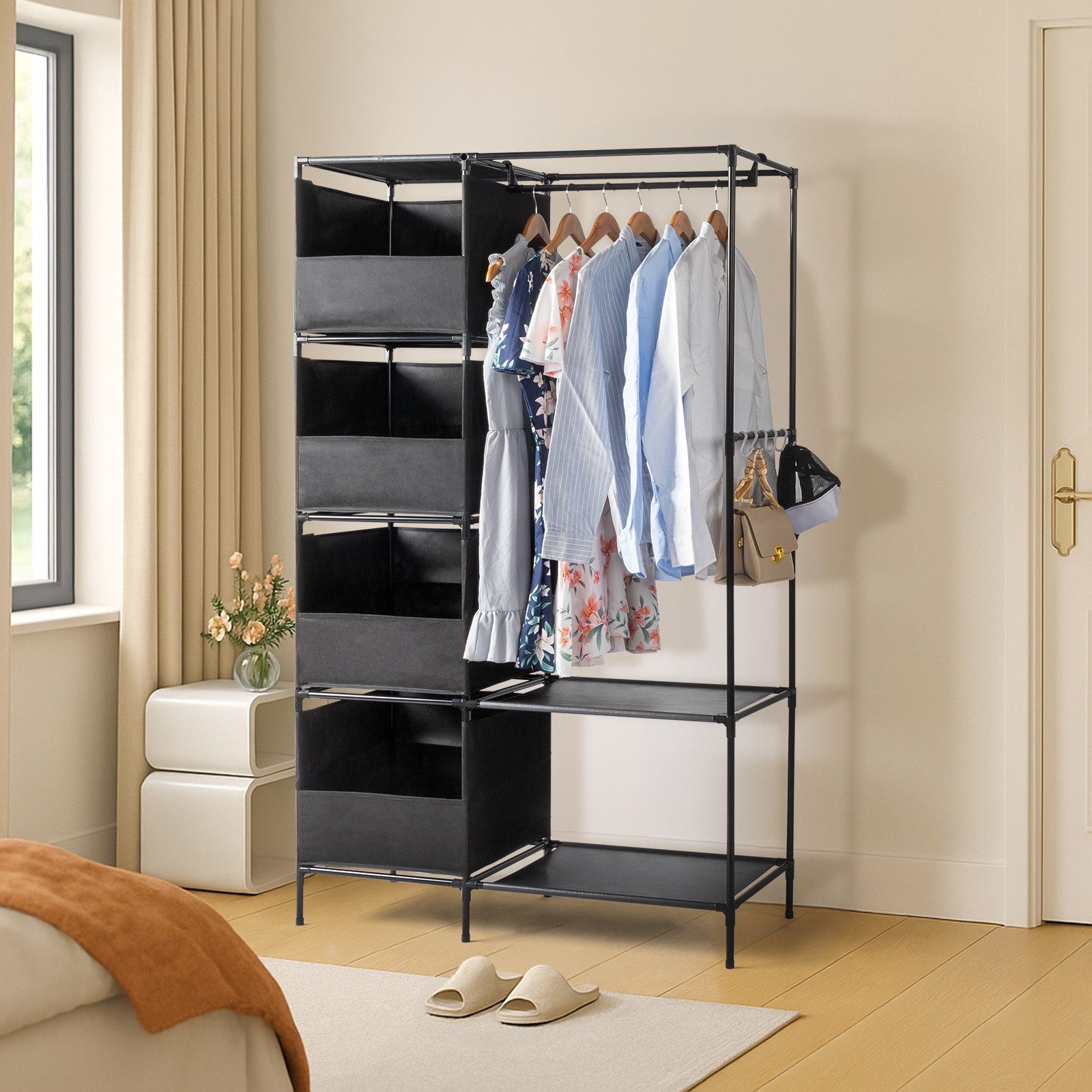 HT Stoffschrank Kleiderschrank aus Vliesstoff, 170x102x42,5cm 4-stufiger zweireihiger Hängeschrank mit Vorhängen und Ablagefächern – Bild 3 von 5