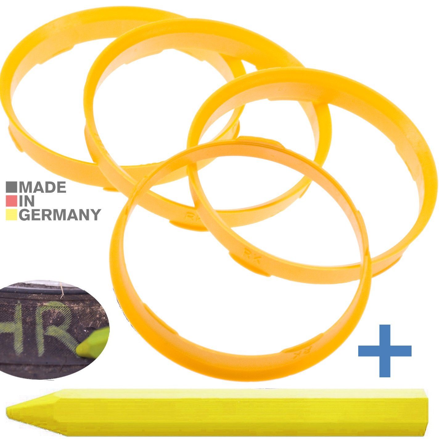 RKC Reifenstift 4X Zentrierringe Gelb Felgen Ringe + 1x Reifen Kreide Fett Stift, Maße: 67,0 x 65,1 mm | Reifenstifte
