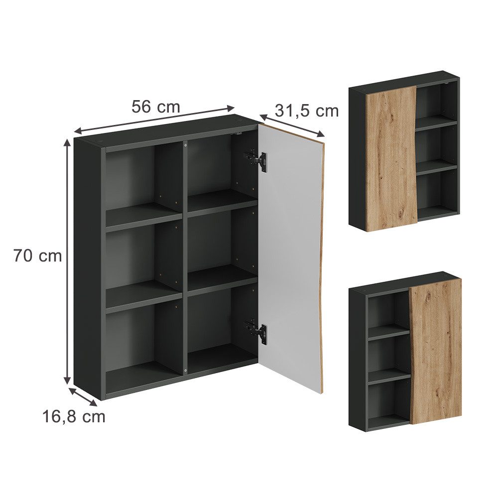 Vicco Hängeschrank Willow, Artisan/Anthrazit, 56 x 70 cm mit 3 offenen Fächern (1-St)