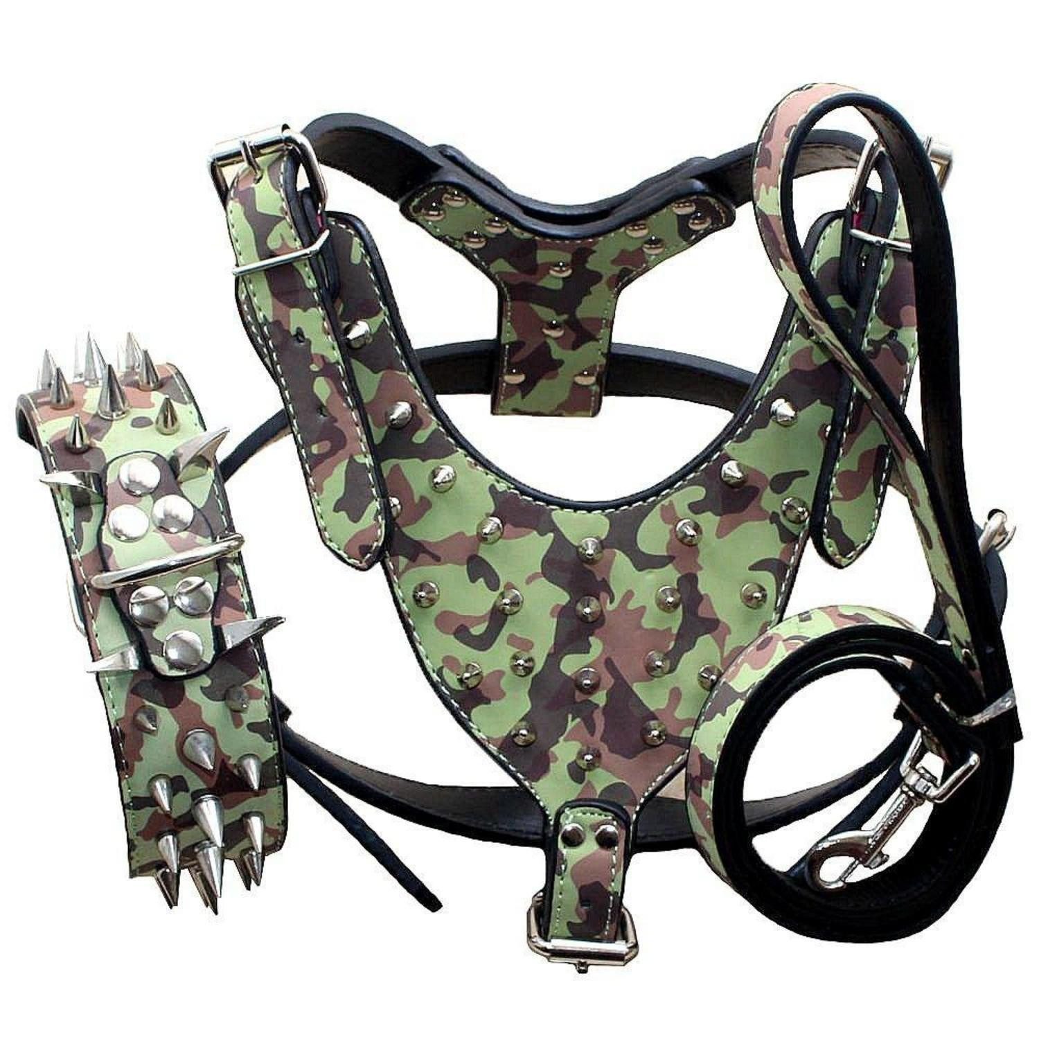 LuxusKollektion Hunde-Halsband Hundehalsband, Geschirr, Leine Set Nieten L Tarn
