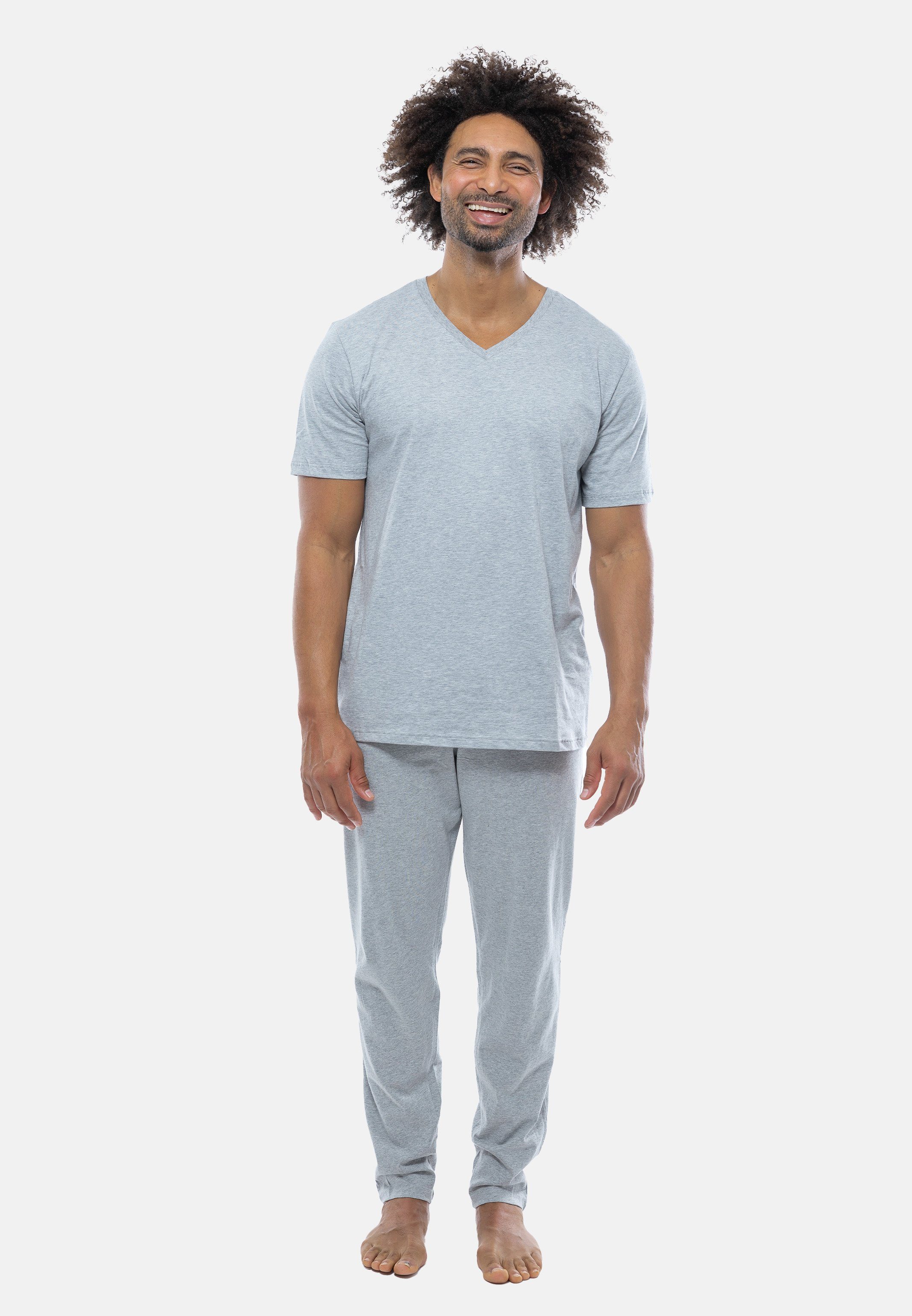 Schiesser Pyjama Mix (Set, 2 tlg) Schlafanzug - Baumwolle - Kurzarm-Shirt mit V-Ausschnitt Grau