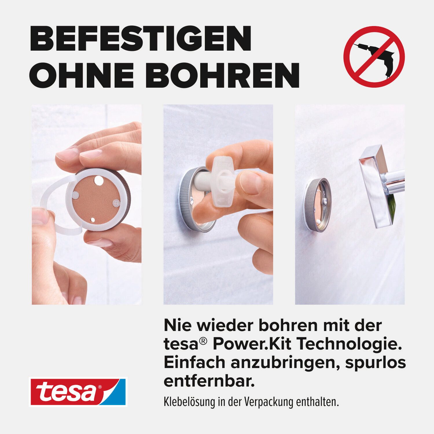 tesa Badaccessoire-Set EKKRO Toilettenbürsten Set ohne Bohren, Spar-Set, 3 tlg., selbstklebend - chrom - silber glänzend