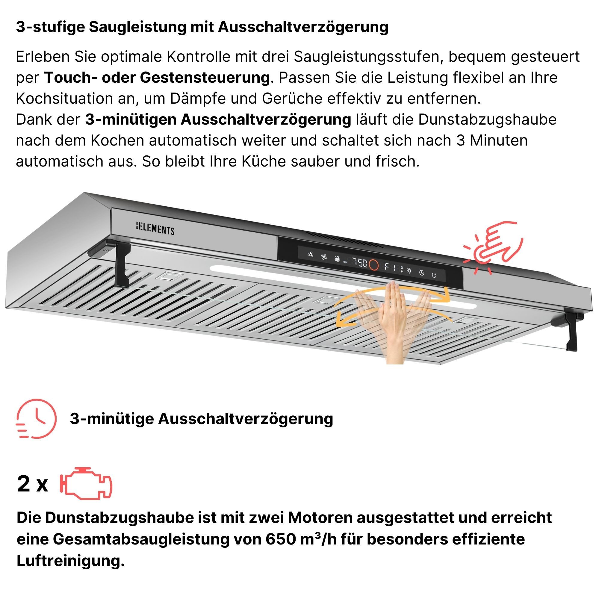 KB Elements Unterbauhaube Doppelter motor 2 x 80 Watt, 650 m³/h Absaugleistung Doppelter motor, Touch / Gestensteuerung – Bild 3 von 5