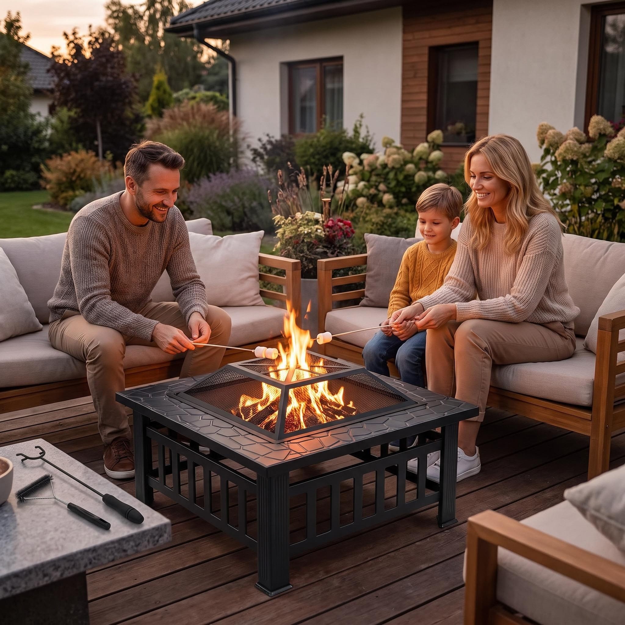 TLGREEN Feuerschale mit Grillrost und herausnehmbare Ascheschale, (raucharme Outdoor Feuerstelle aus hitzebeständigem Stahl, tragbarer Feuerkorb für Garten Terrasse Balkon Camping), standfeste Gartenfeuerstelle mit Funkenabweiser