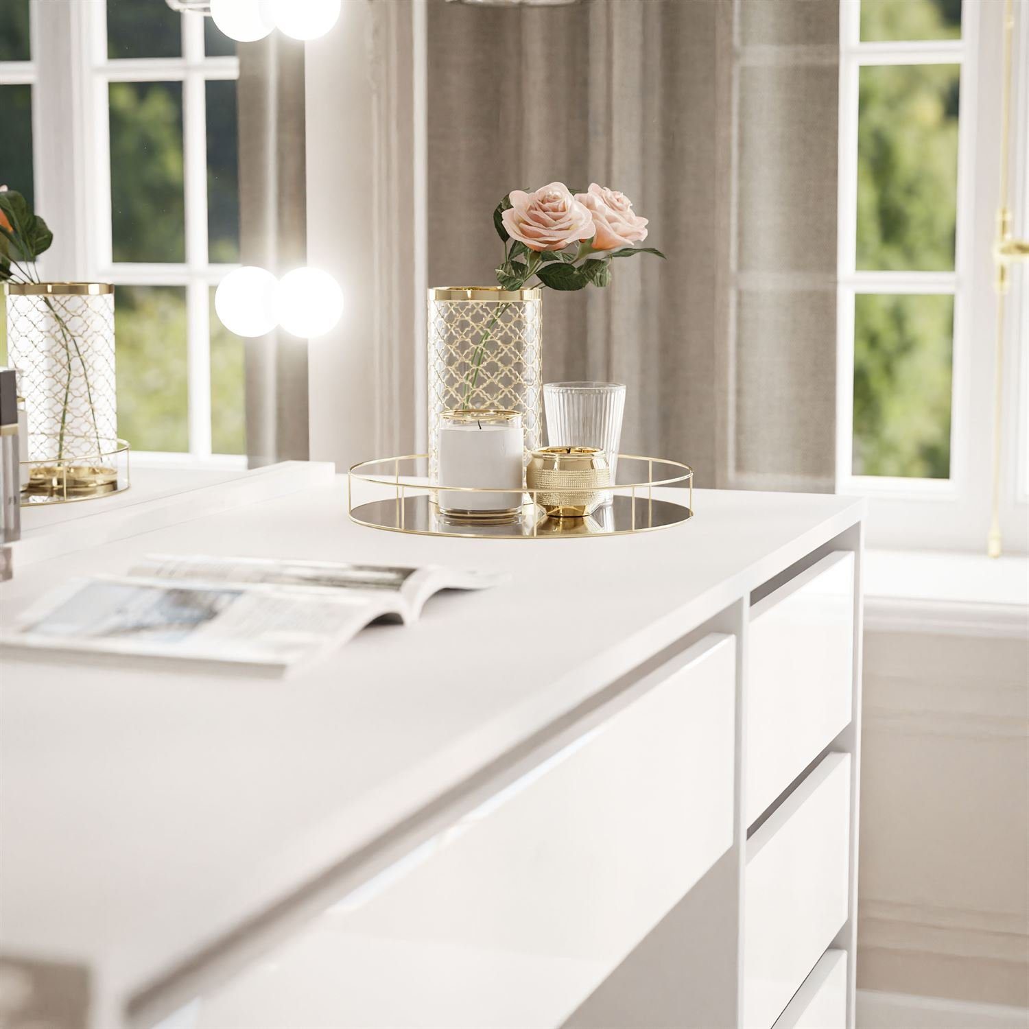 yourhouse24 Schminktisch MADI ELITE Frisiertisch Kommode mit LED-Beleuchtung Spiegel, Schublade (Tisch mit Spiegel, ohne Hocker), Hochglanz/matt, pflegeleicht, ABS-Kanten