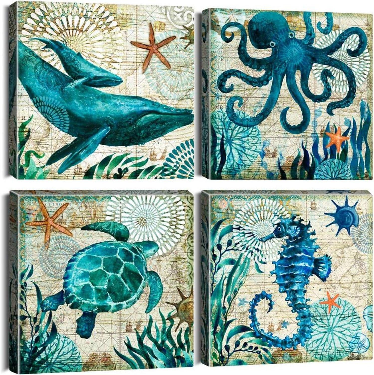 Mehrteilige Bilder 4-teiliges Leinwandbild Blauer Ozean Kreatur Motiv - Moderne