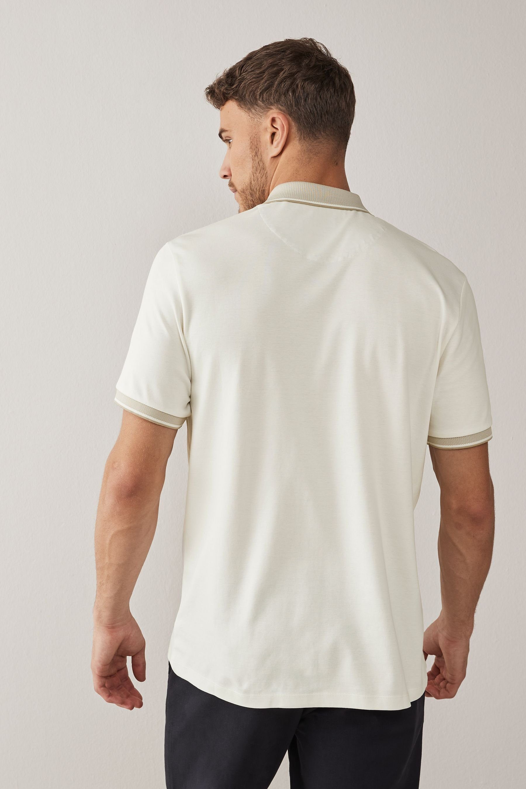 elegantem Polohemd White Kragen mit Ecru Poloshirt Next (1-tlg)