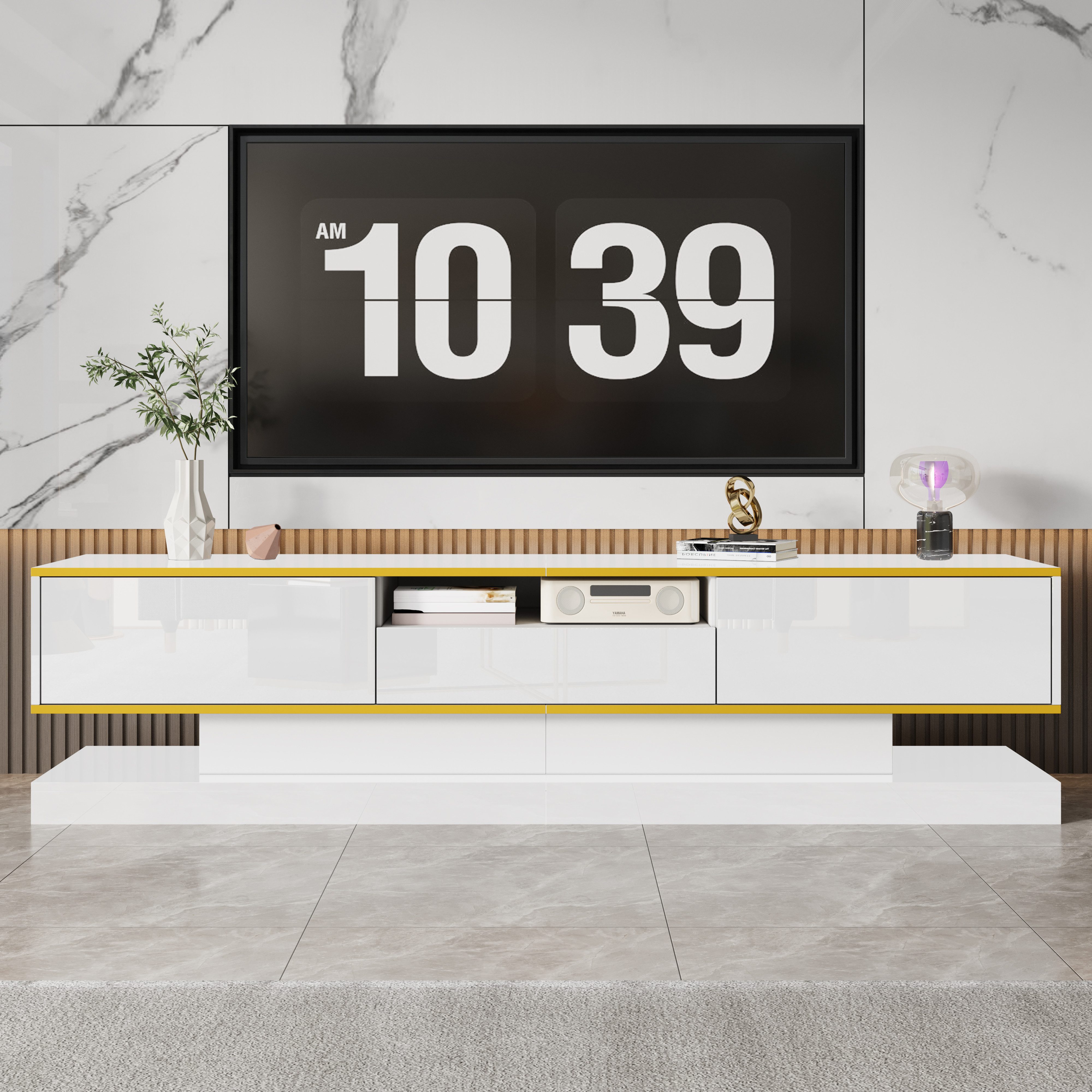 MODFU Lowboard Luxus Design mit goldenen Dekorstreifen (Wohnzimmermöbel, Fe günstig online kaufen