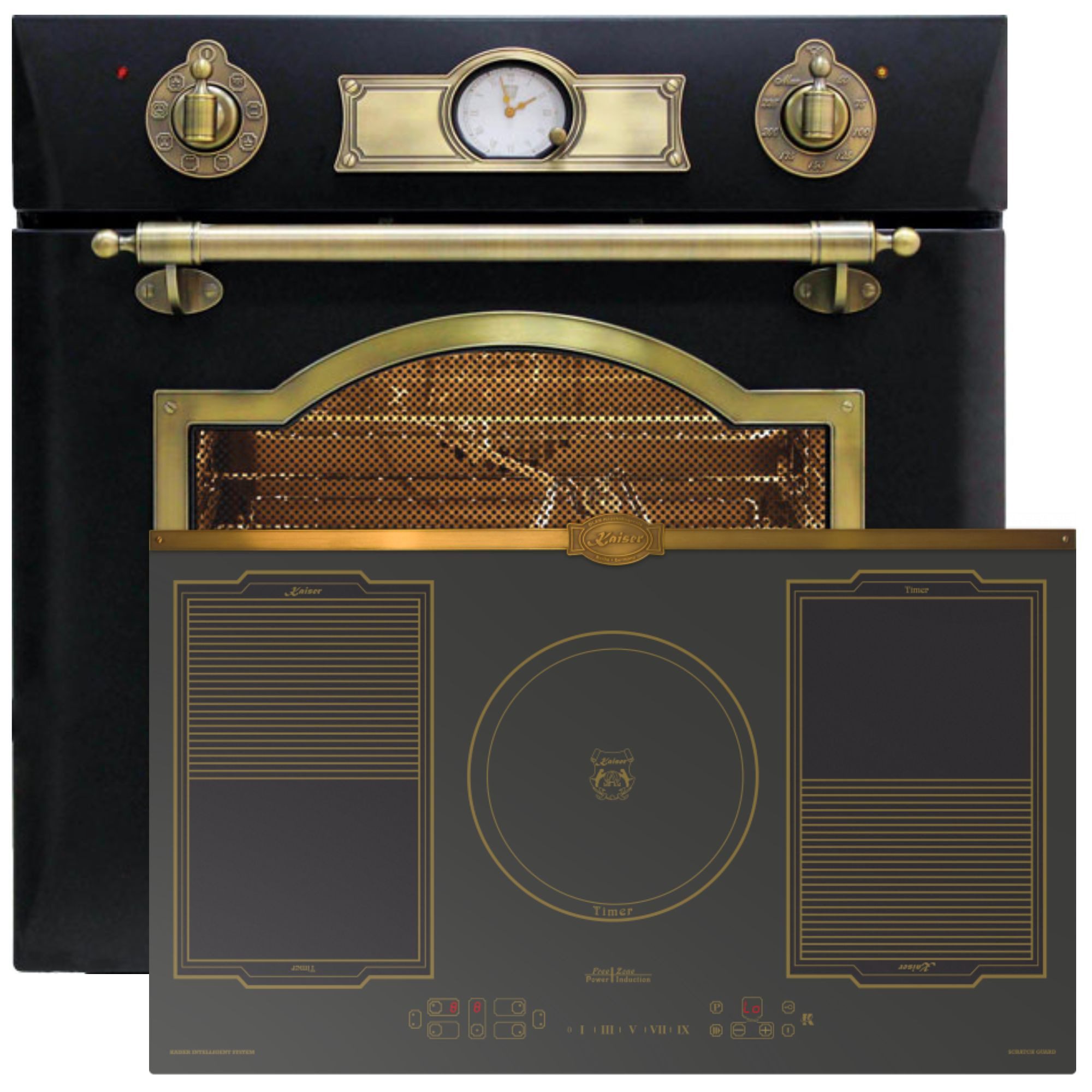 Kaiser Küchengeräte Backofen-Set Empire Design Retro Backofen mit Heißluftsystem, Infrarotgrill und elektrischem Drehspieß Eh 6355 Em +KCT 9196 IEm, Katalytische Selbstreinigung, FREE ZONE FlexInduktion 90 cm Kochfeld mit Power Booster
