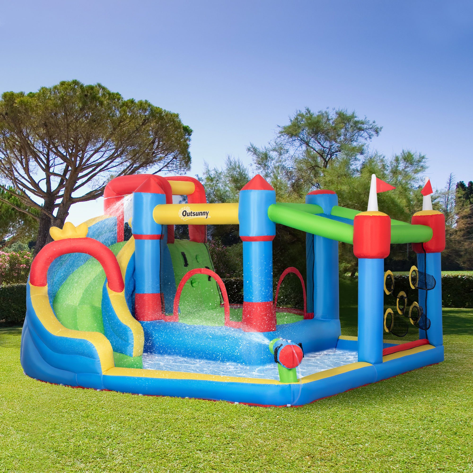 Outsunny Hüpfburg mit Gebläse Wasserrutsche, Trampolin, Kletterwand, für Kinder, (Wasserpark, 1-tlg., Wasserspielcenter), Bunt, 390 x 300 x 197 cm