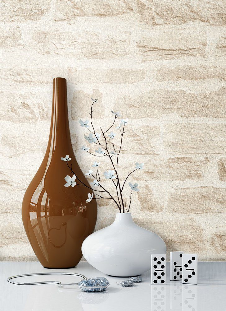 Newroom Vliestapete natur Tapete Ziegelstein Stein, Steintapete Beige Steintapete Ziegelstein Backstein Mauerwerk Klinker Stein Tapete Steinoptik Wohnzimmer, Backstein