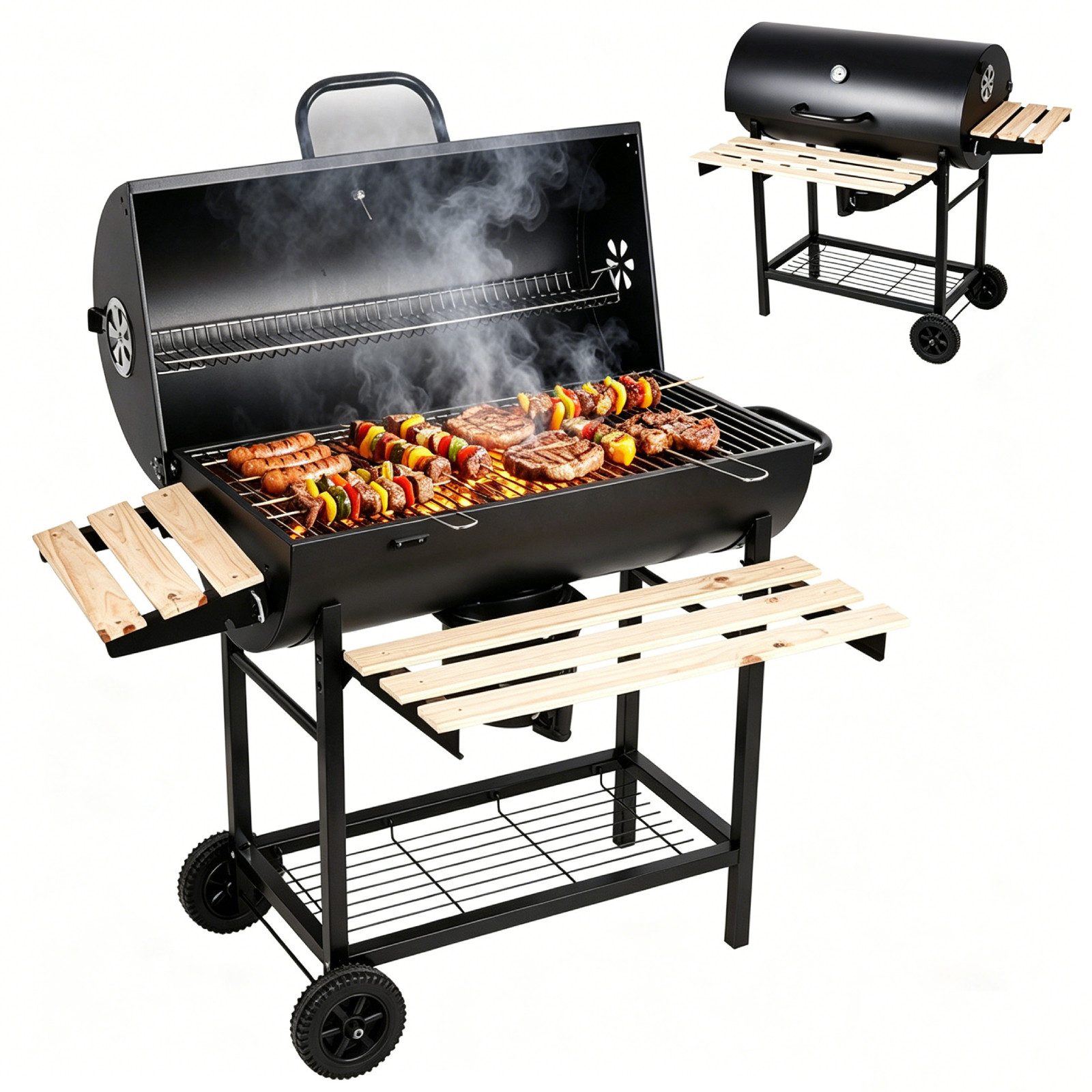 SunJas Holzkohlegrill XXL Grillwagen mit Thermometer, Ascheauffangschale und Seitenablagen, Grillfläche: 75 x 38,5 cm für 8-12 Personen, großer Gartengrill für Familie BBQ Camping Outdoor