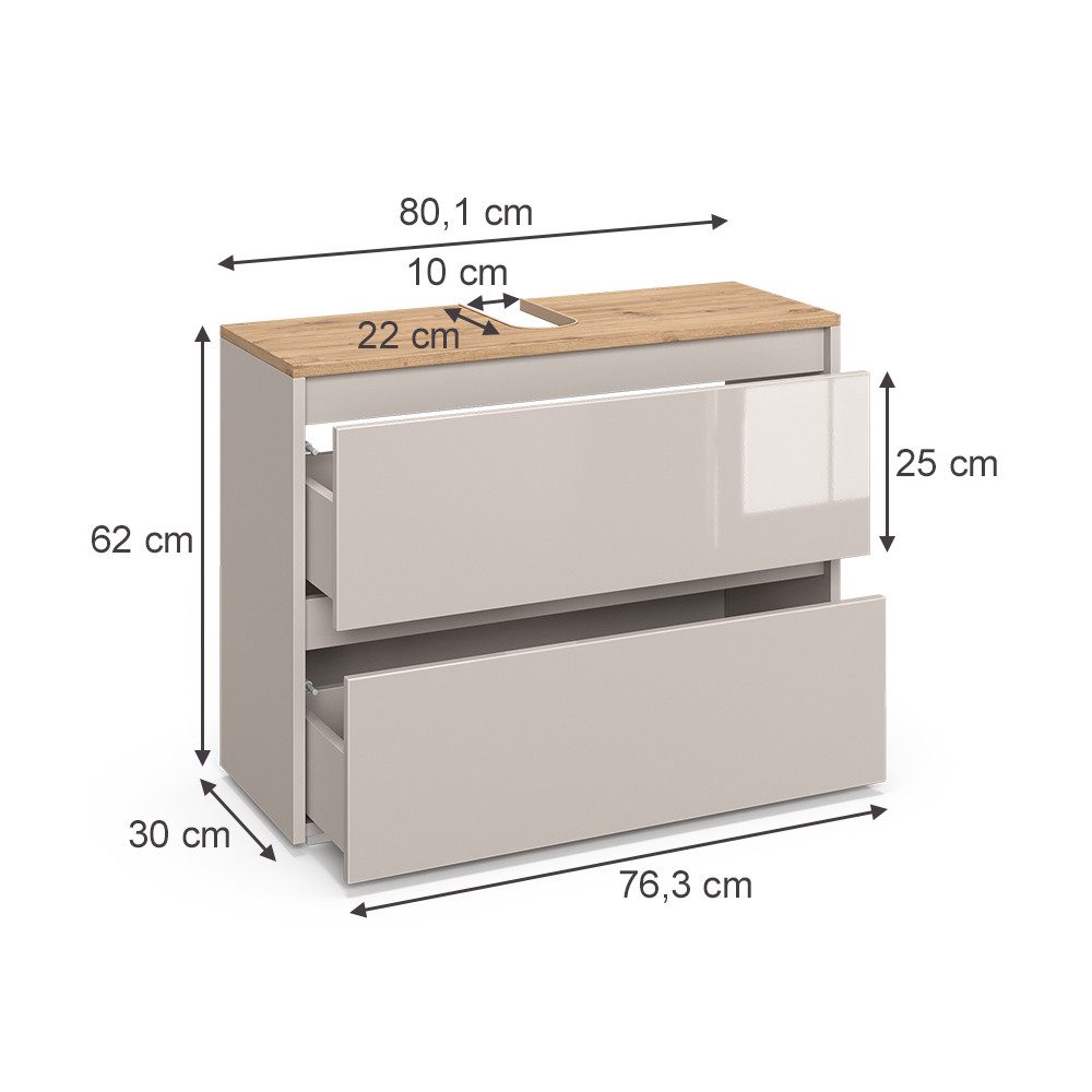 Vicco Waschbeckenunterschrank Majest, Cashmere/Artisan, 80.1 x 62 cm mit 2 Schubladen (1-St)