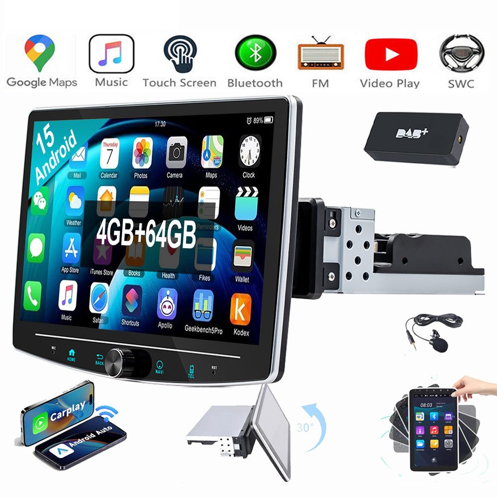 ESSGOO Android 15 Carplay Autoradio GPS RDS BT 1 DIN 360° Drehbar Bildschirm Autoradio (RDS, Digitalradio (DAB), FM, AM)