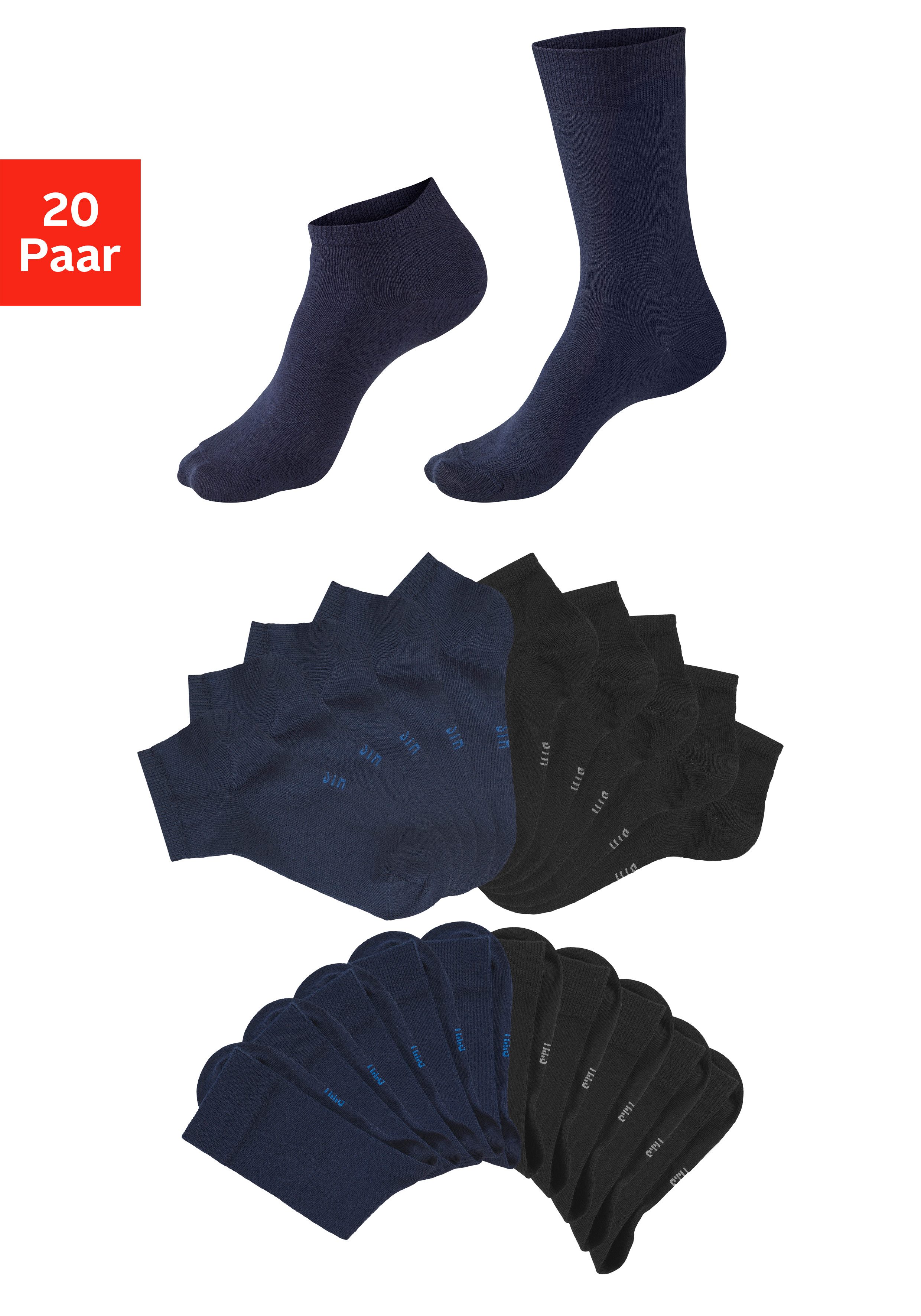 H.I.S Basicsocken Damen und Herren Atmungsaktiver Baumwollanteil, Business, Basic (Packung, 20-Paar, Gr. 35-38 bis 47-48) zwei Längen im Kombi Pack